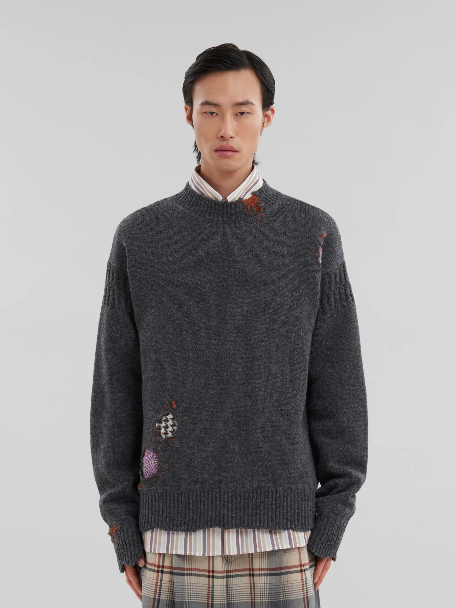 Knitwear>Marni Grey Shetland Wool Jumper With Mending Embroidery GRANITE