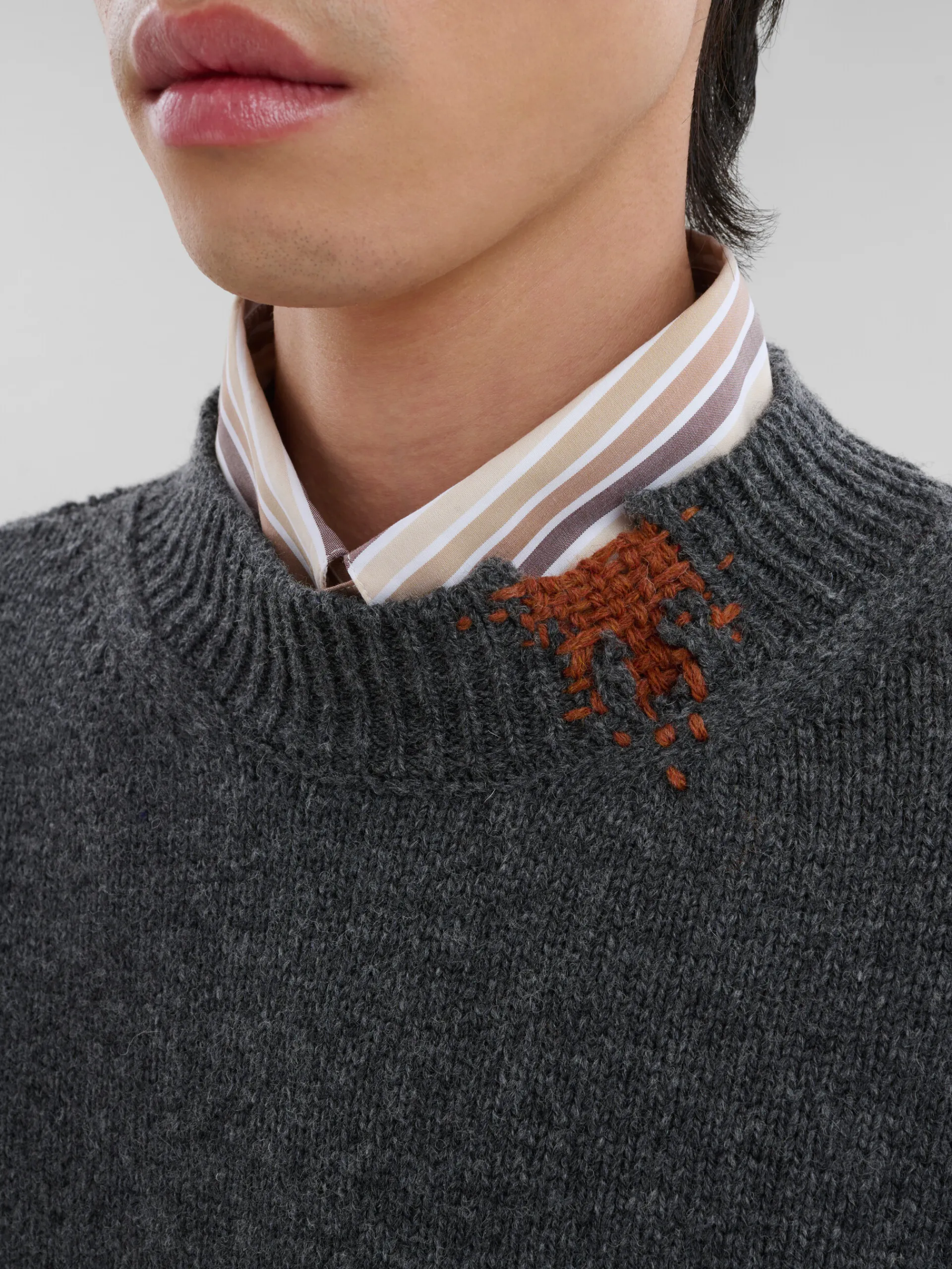 Knitwear>Marni Grey Shetland Wool Jumper With Mending Embroidery GRANITE