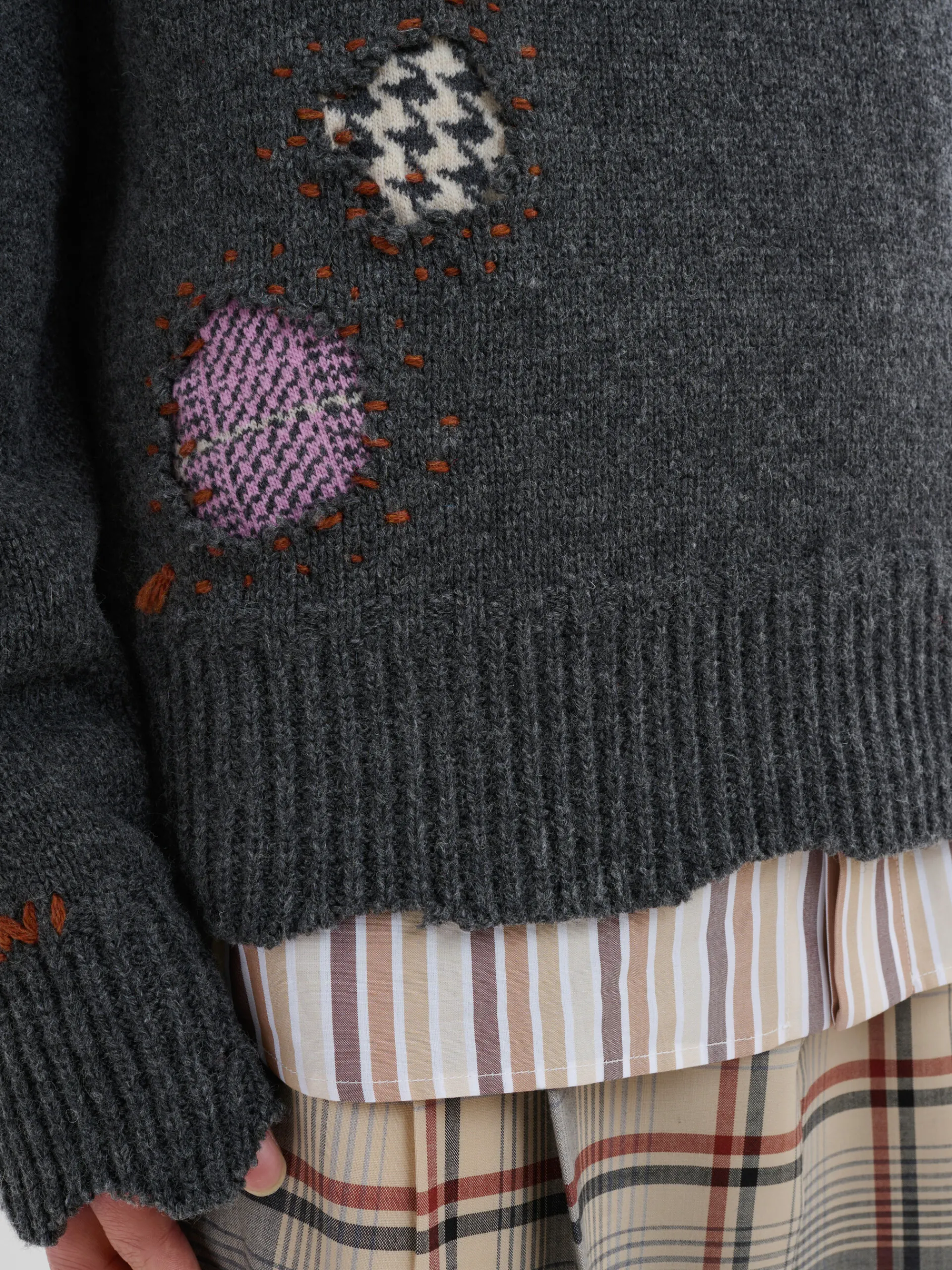 Knitwear>Marni Grey Shetland Wool Jumper With Mending Embroidery GRANITE