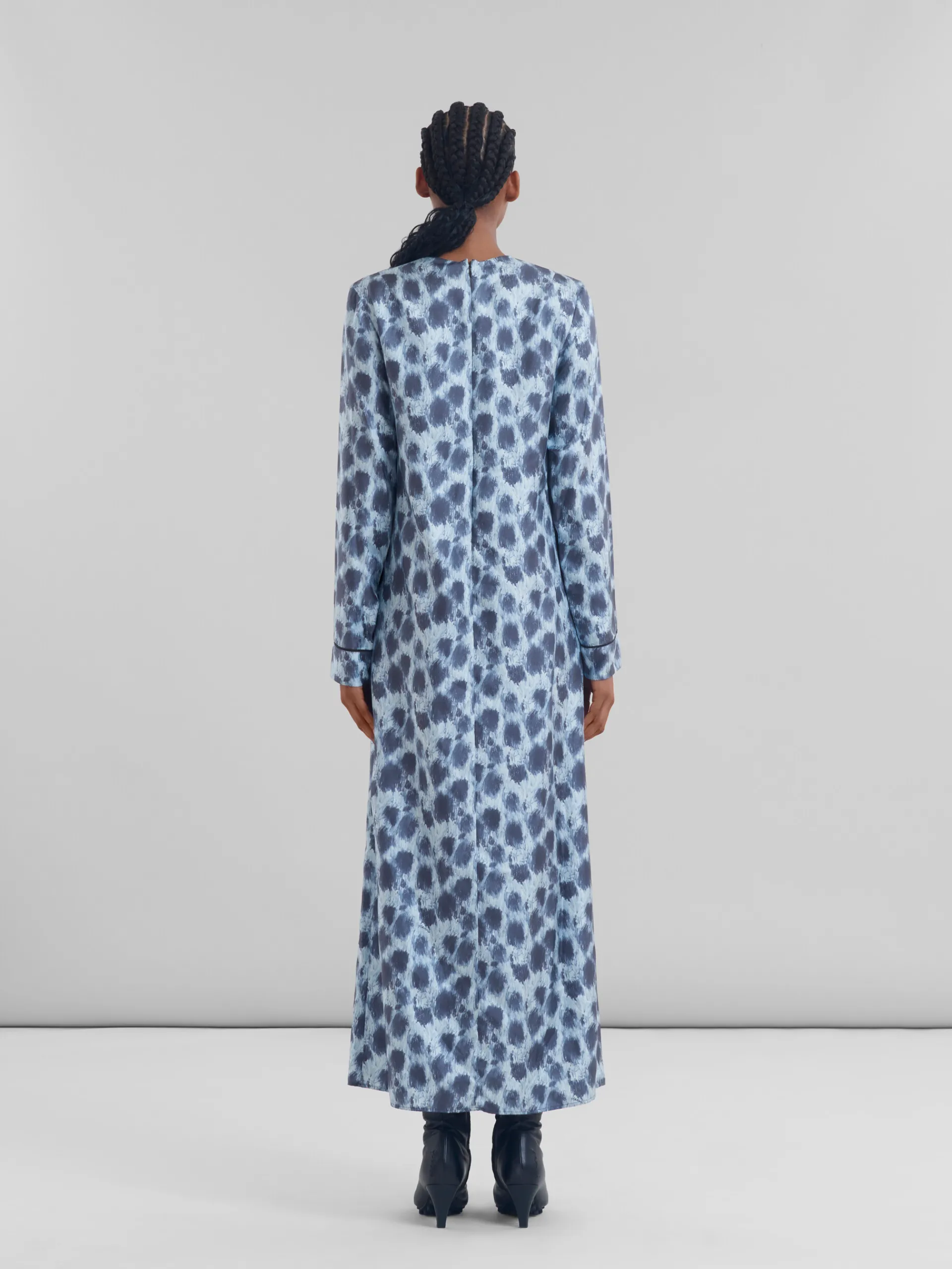 Dresses>Marni Grey Silk Long Dress With Crayon Leopard Print ANTIQUE SILVER