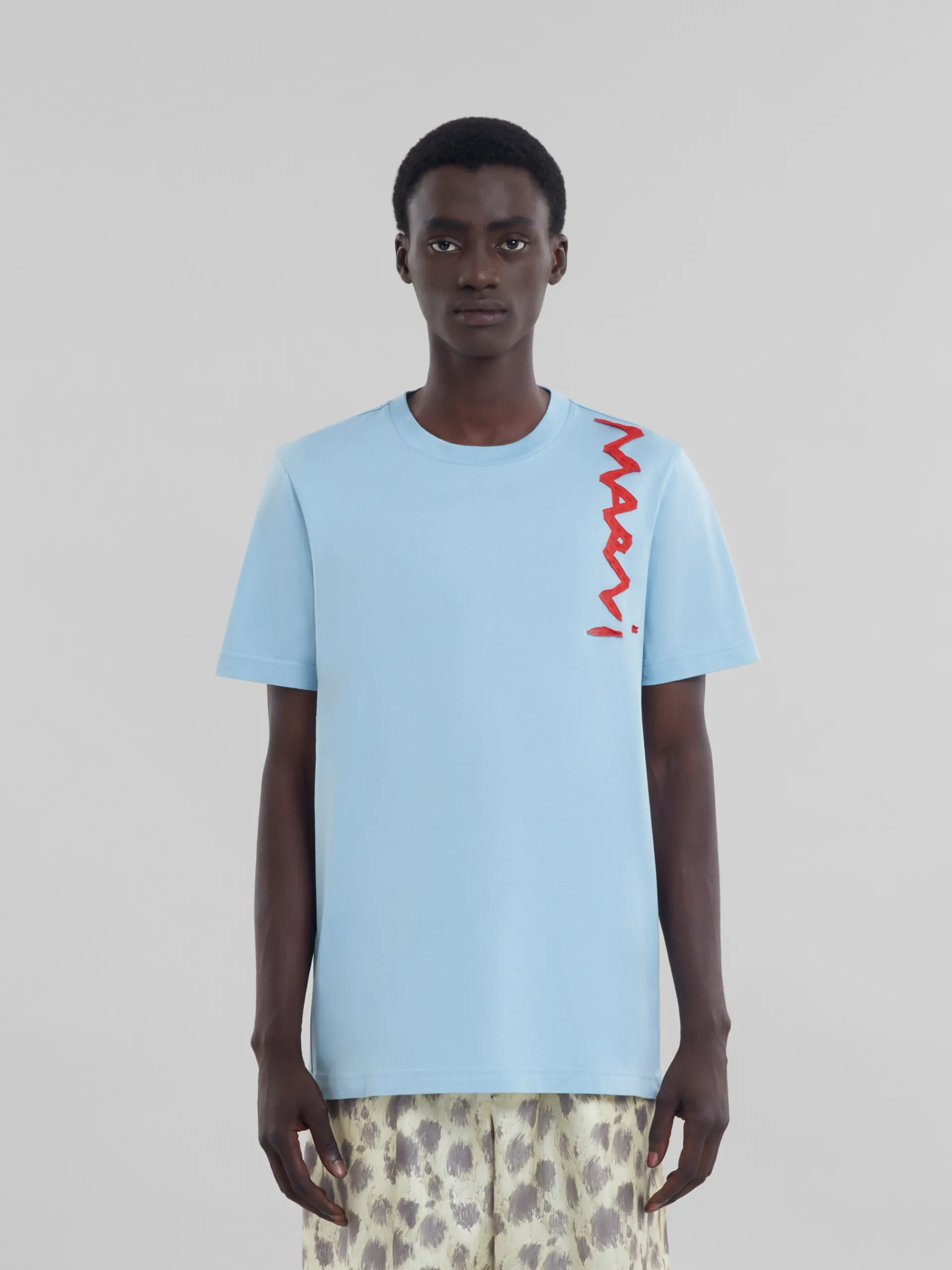 Tops & T-Shirts>Marni Light Blue Organic Cotton T-shirt With Mending Logo LEADEN BLUE