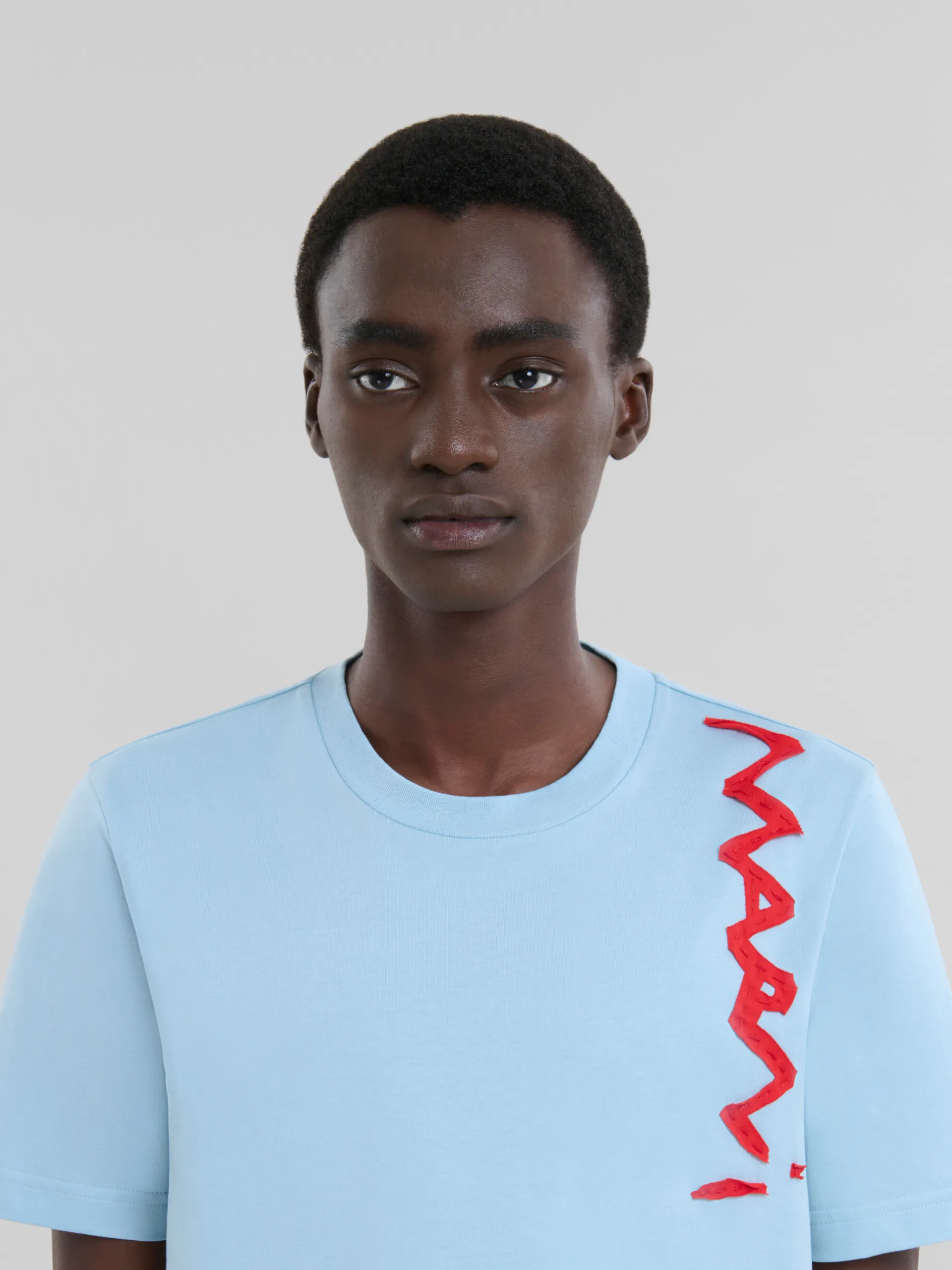 Tops & T-Shirts>Marni Light Blue Organic Cotton T-shirt With Mending Logo LEADEN BLUE