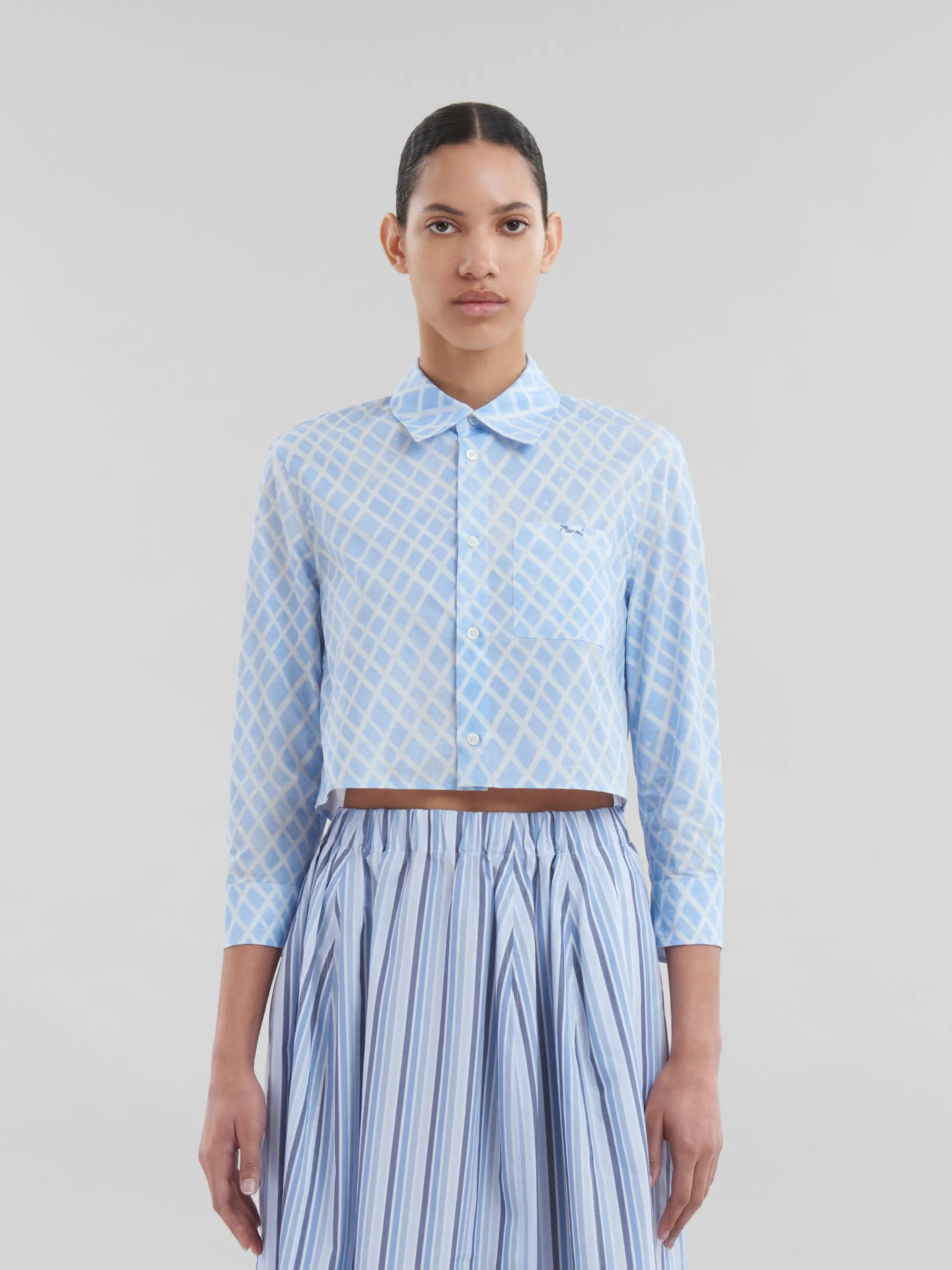 Tops & T-Shirts>Marni Light Blue Organic Poplin Cropped Shirt With Landscapes Print LIGHTBLUE