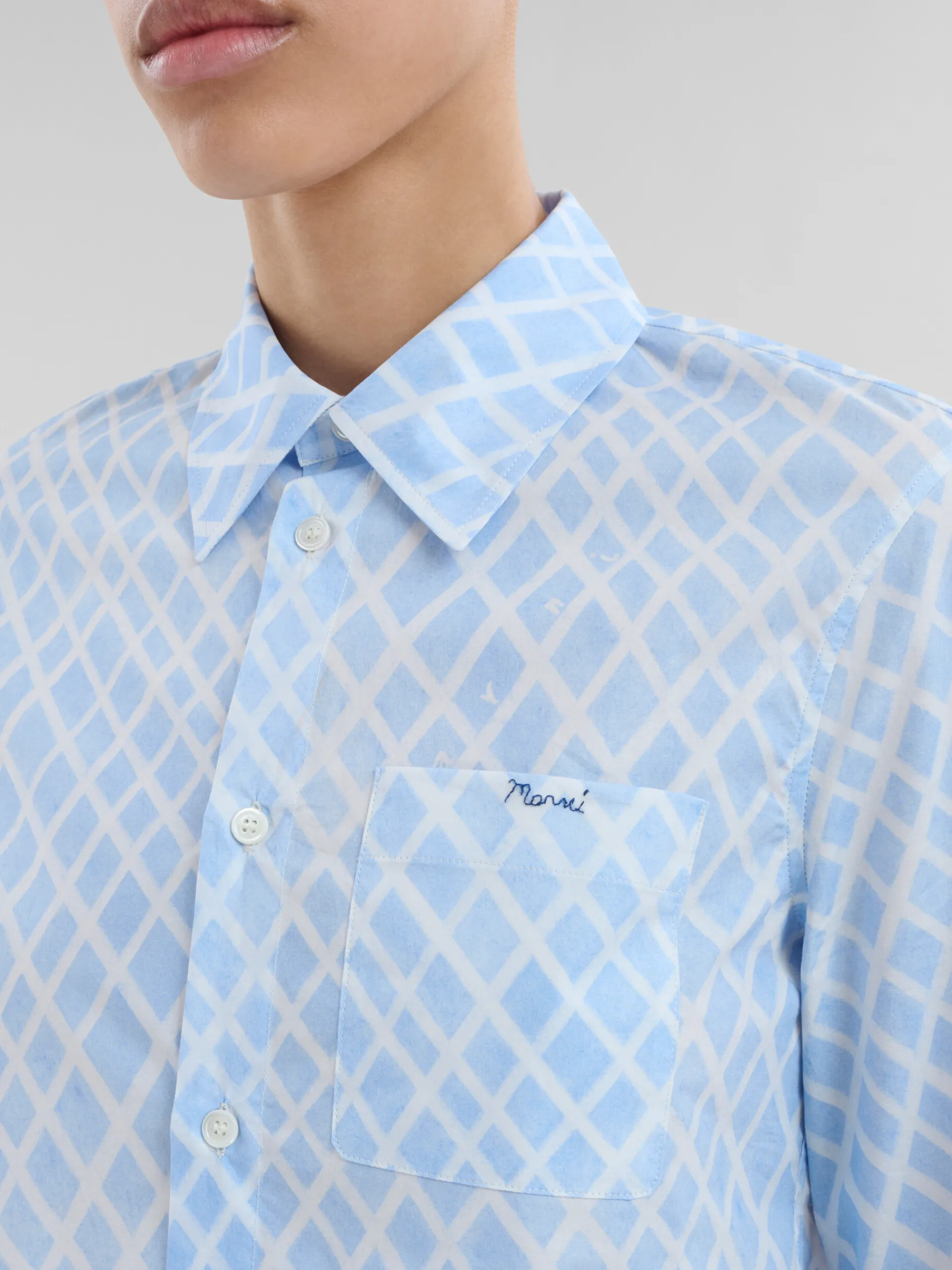 Tops & T-Shirts>Marni Light Blue Organic Poplin Cropped Shirt With Landscapes Print LIGHTBLUE