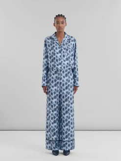 Matching Sets | Pants>Marni Light Blue Silk Palazzo Trousers With Crayon Leopard Print ANTIQUE SILVER