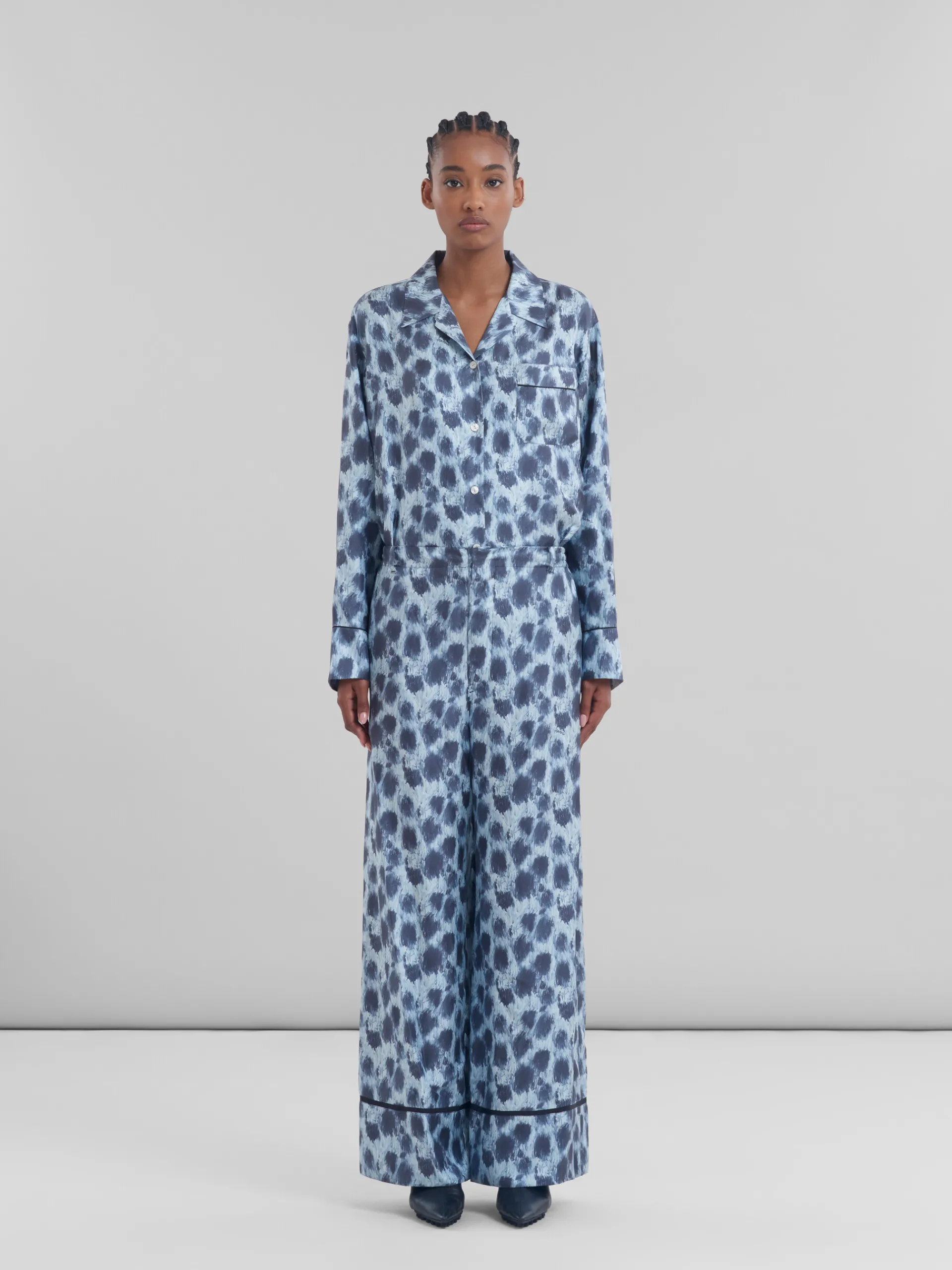 Matching Sets | Pants>Marni Light Blue Silk Palazzo Trousers With Crayon Leopard Print ANTIQUE SILVER