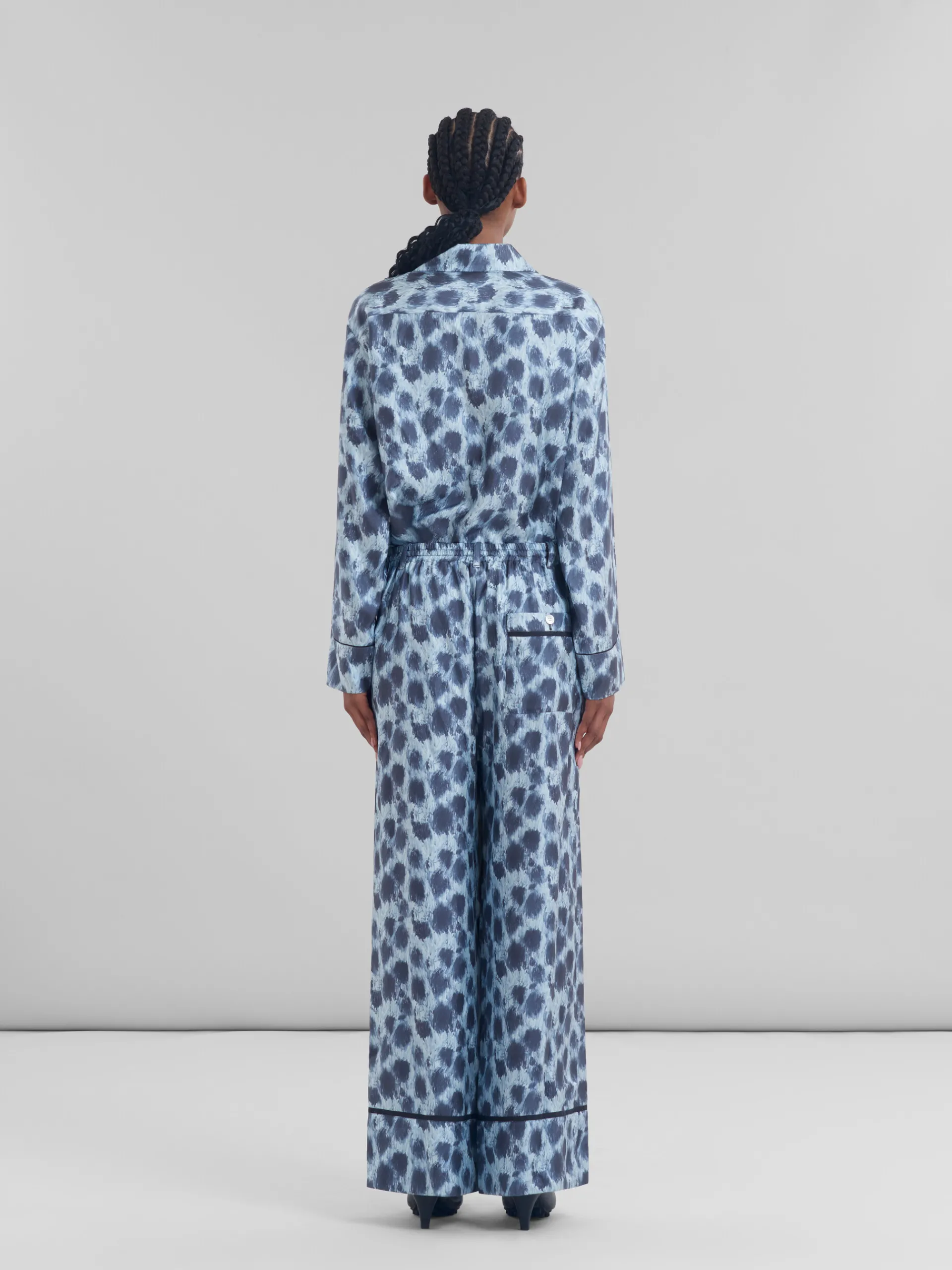 Matching Sets | Pants>Marni Light Blue Silk Palazzo Trousers With Crayon Leopard Print ANTIQUE SILVER