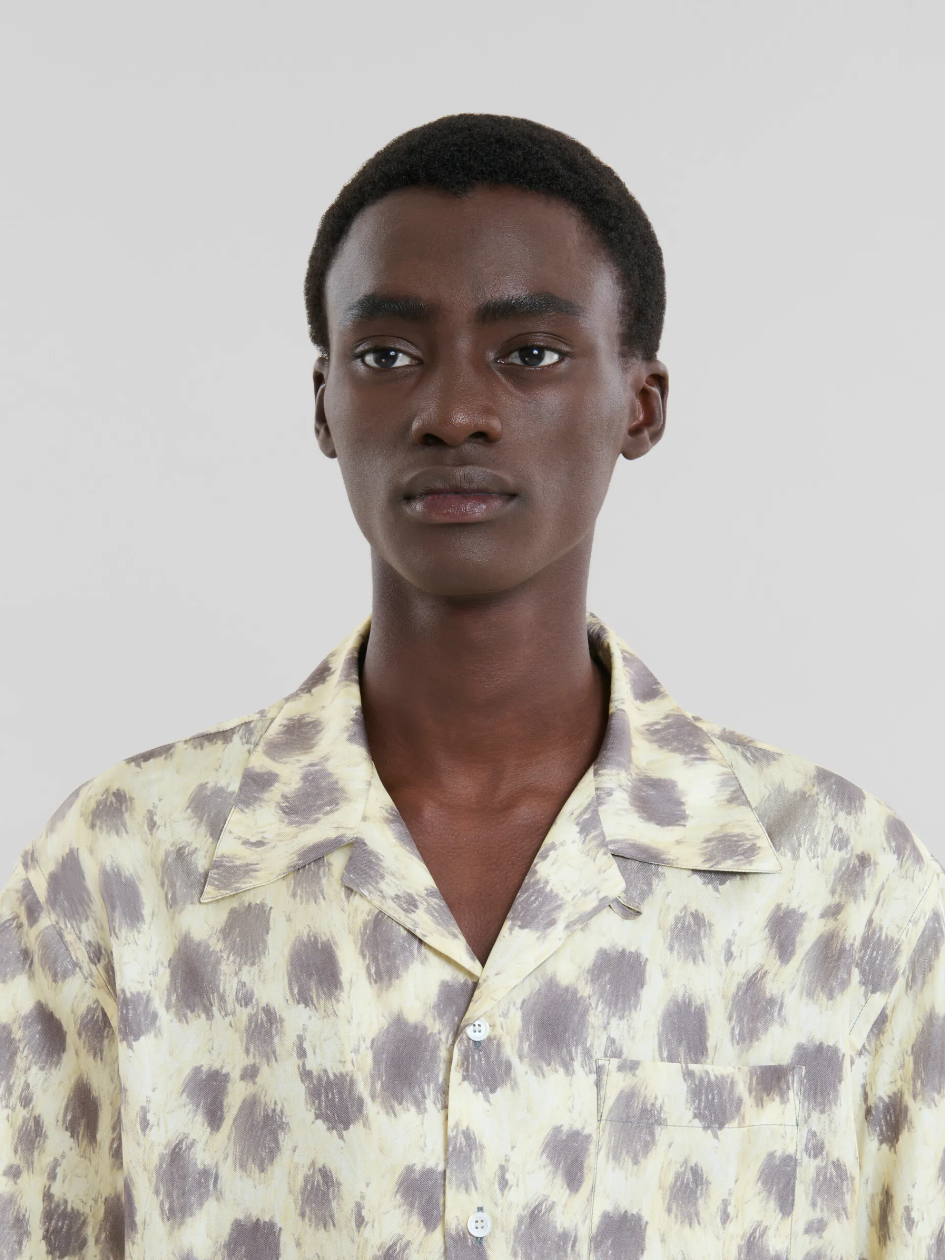 Matching Sets | Tops & T-Shirts>Marni Light Yellow Silk Bowling Shirt With Crayon Leopard Print LIGHTTOPAZ