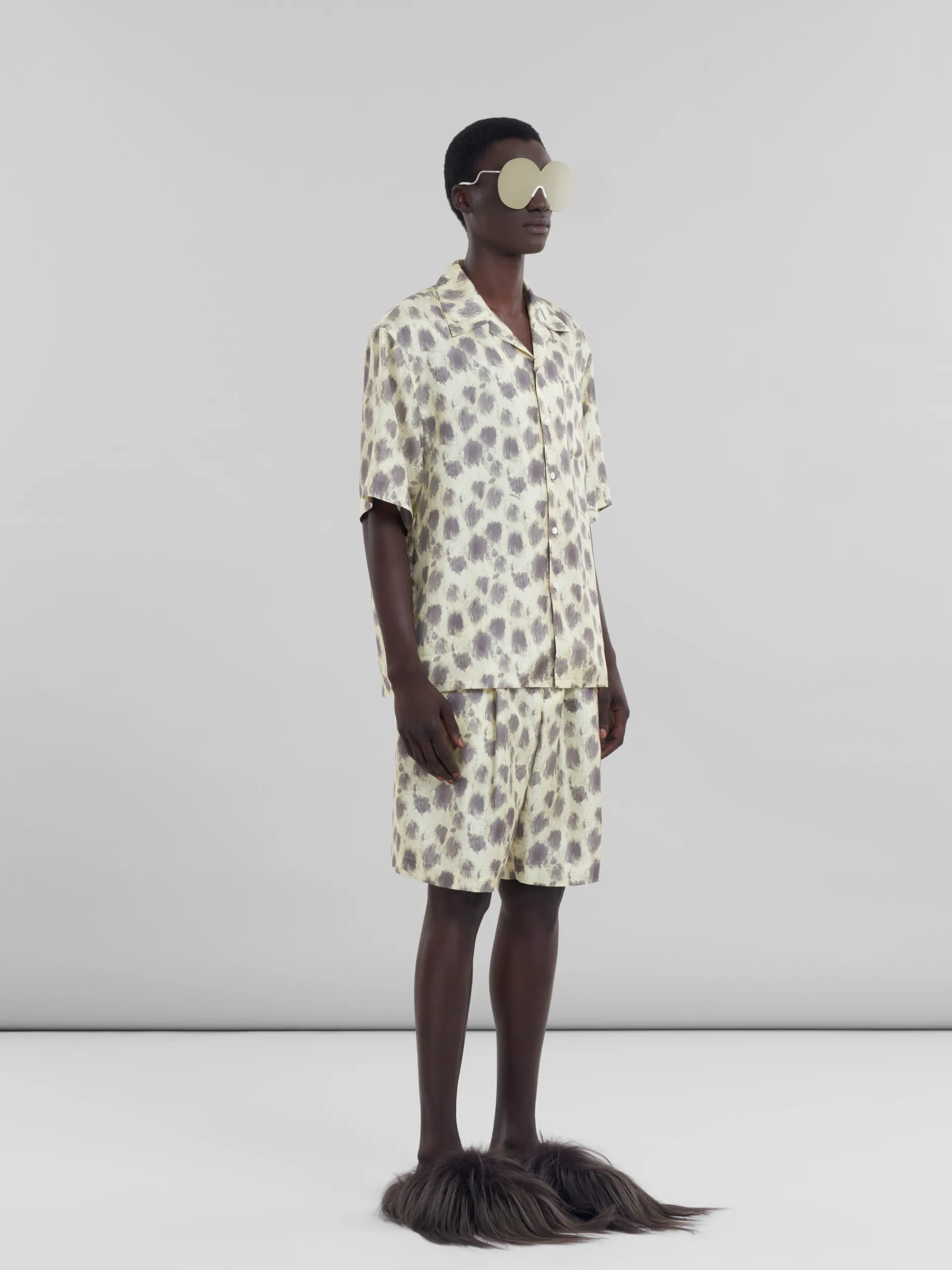 Matching Sets | Tops & T-Shirts>Marni Light Yellow Silk Bowling Shirt With Crayon Leopard Print LIGHTTOPAZ
