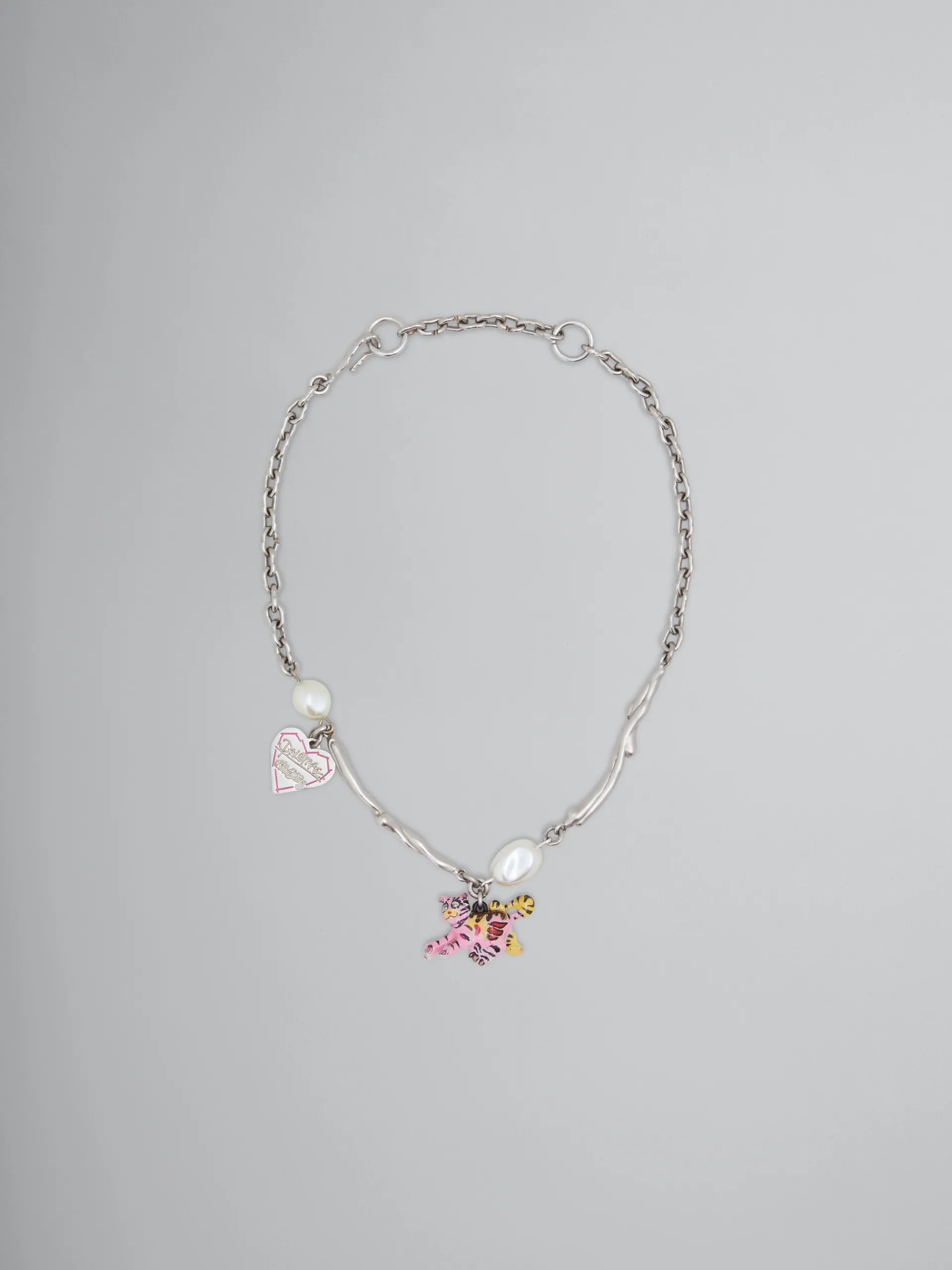 Necklaces>Marni Metal Chain Necklace With Tiger Pendant PALLADIUM/FLAMINGO