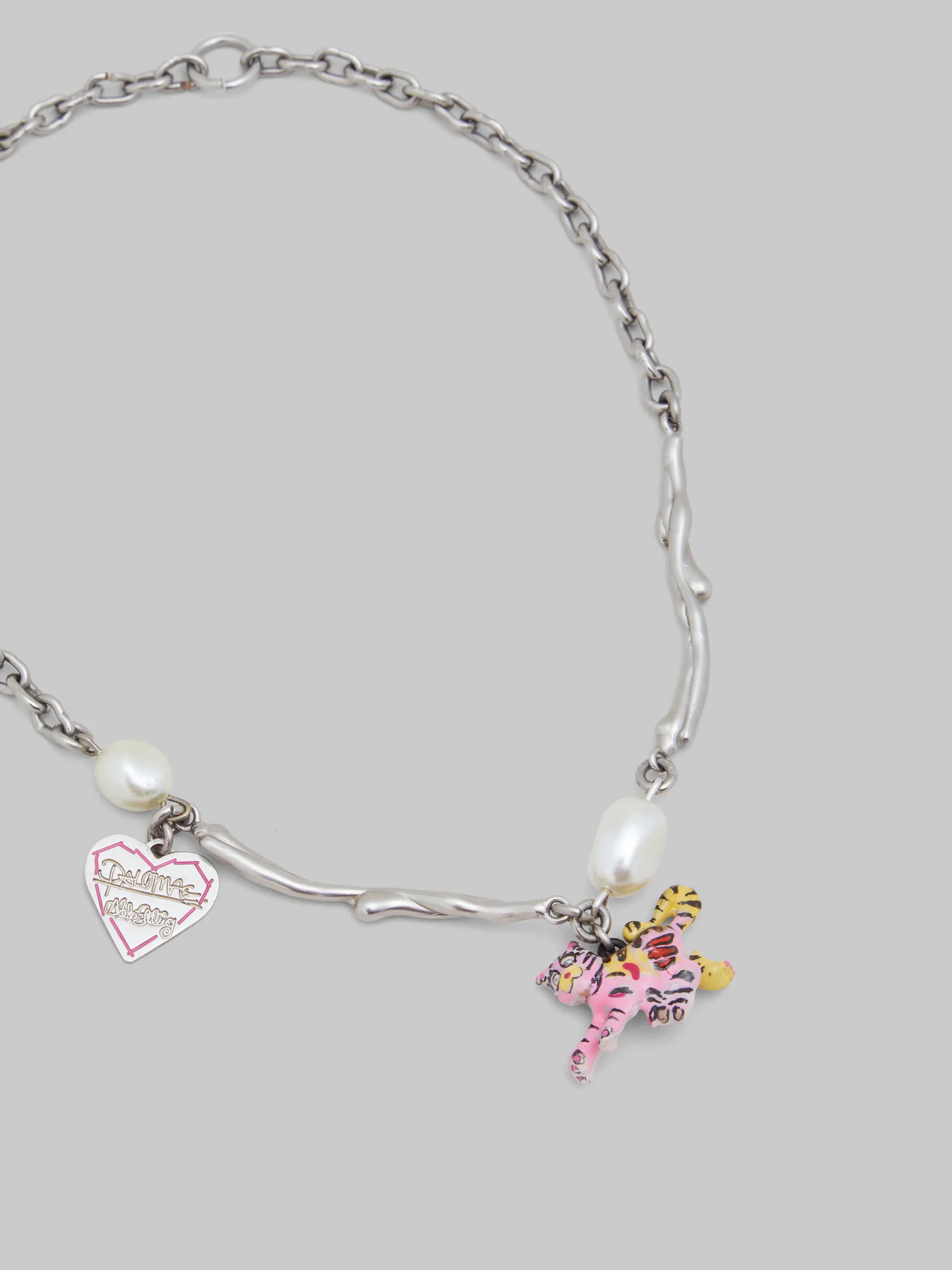 Necklaces>Marni Metal Chain Necklace With Tiger Pendant PALLADIUM/FLAMINGO