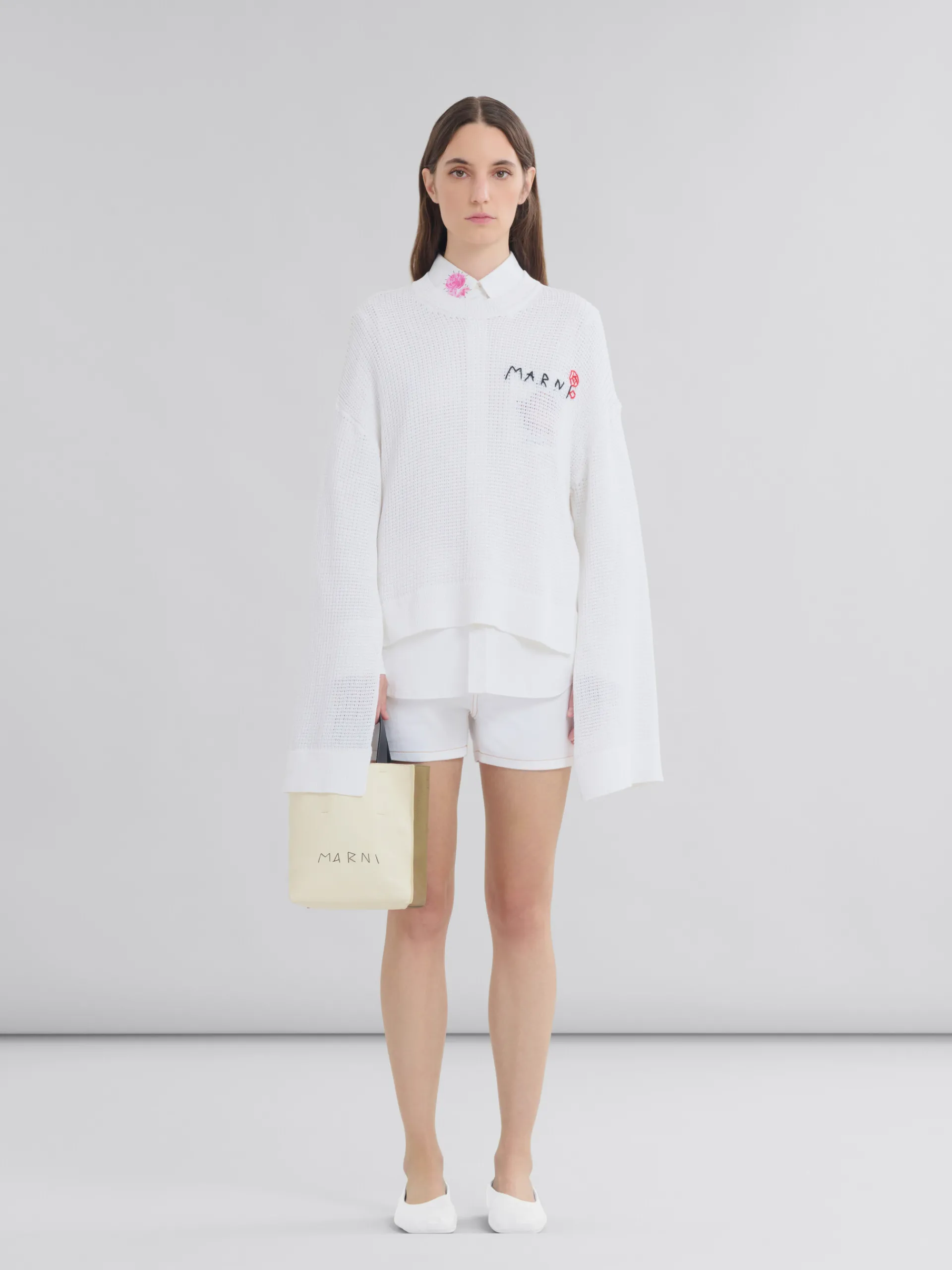 Tote Bags>Marni Museo Soft Mini Bag In Ivory And Brown Leather With Mending IVORY/CRETA/BLACK