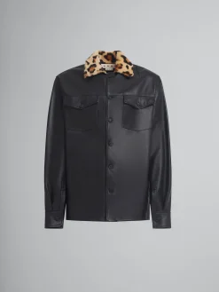 Tops & T-Shirts>Marni Nappa Leather Shirt With Animalier Shearling Collar BLACK