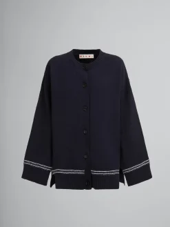 Knitwear>Marni Navy Wool Cardigan With Maxi Logo LIGHTNAVY