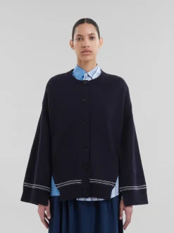 Knitwear>Marni Navy Wool Cardigan With Maxi Logo LIGHTNAVY
