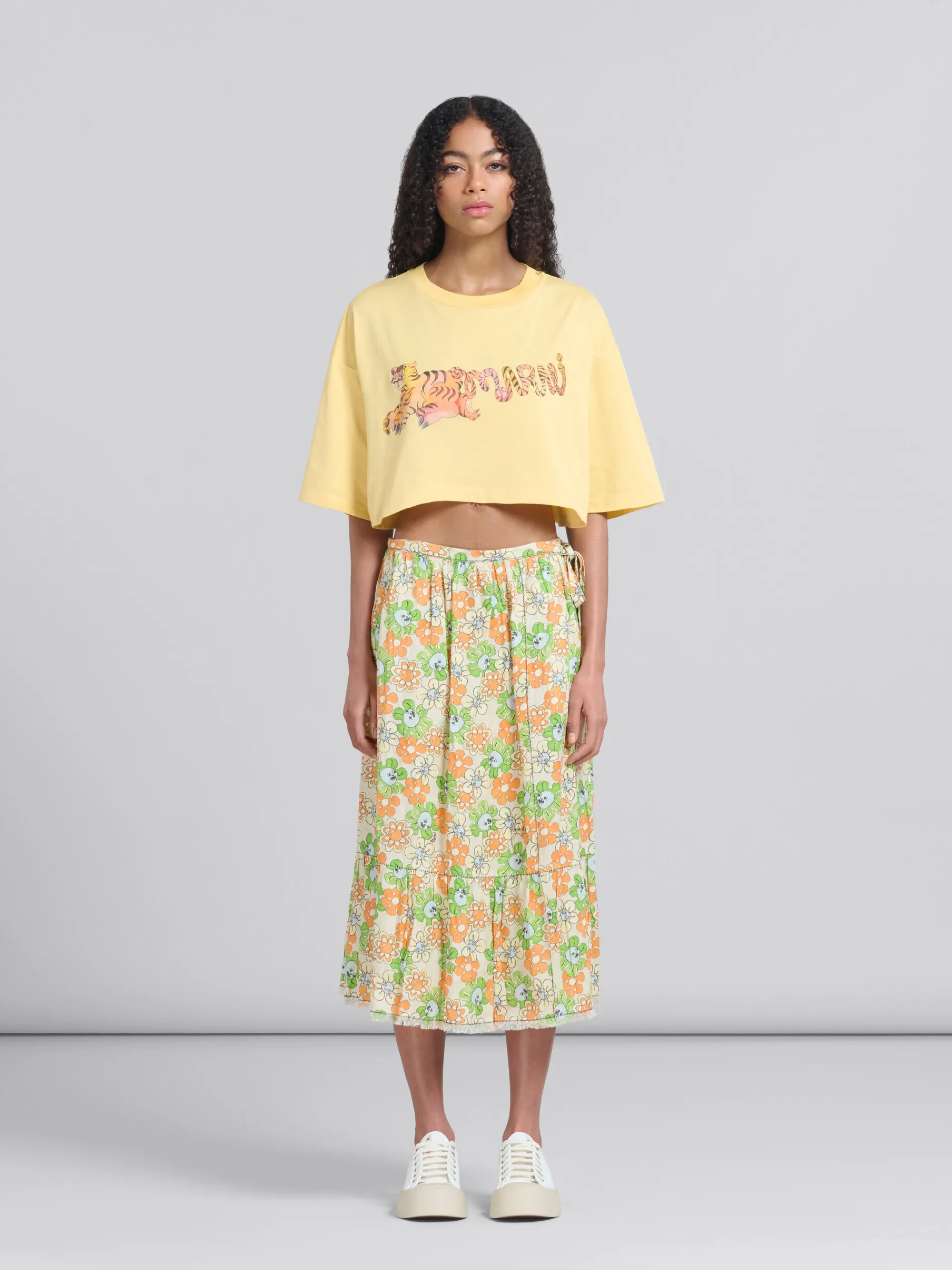 Matching Sets | Skirts>Marni Orange And Green Printed Linen Skirt With Flounce BONE