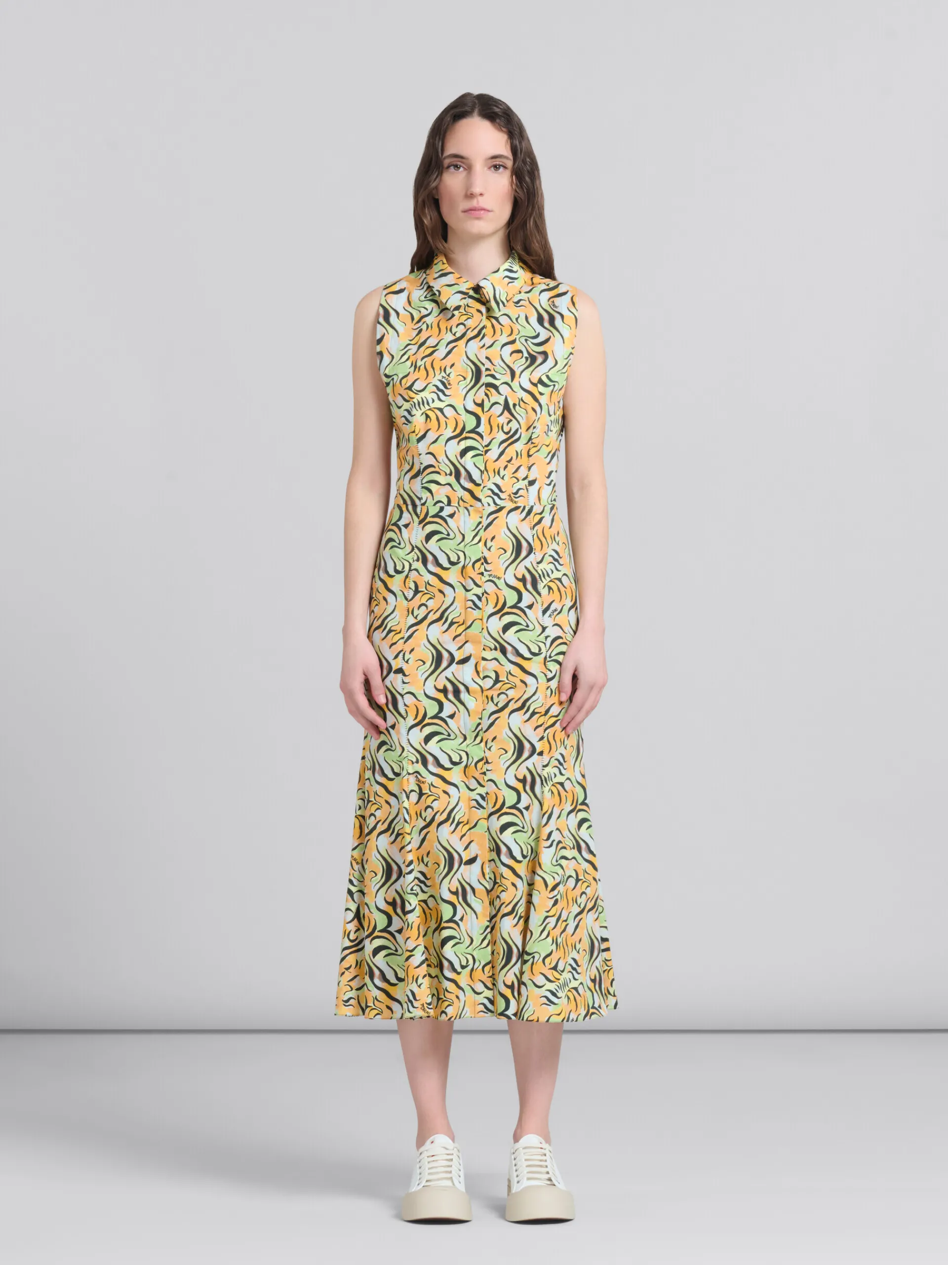 Dresses>Marni Orange And Green Printed Organic Poplin Mermaid Dress LIGHTORANGE