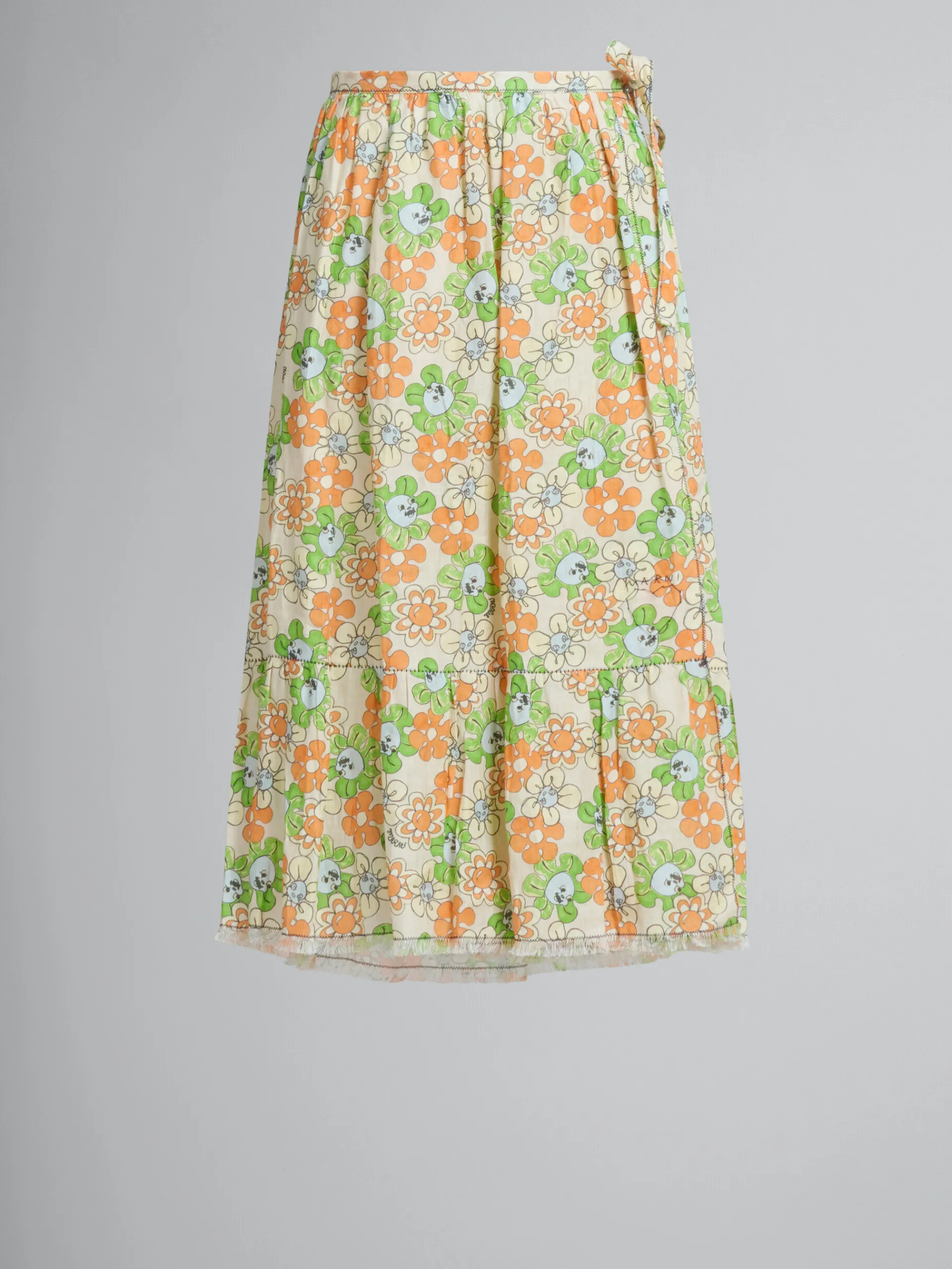 Matching Sets | Skirts>Marni Orange And Green Printed Linen Skirt With Flounce BONE