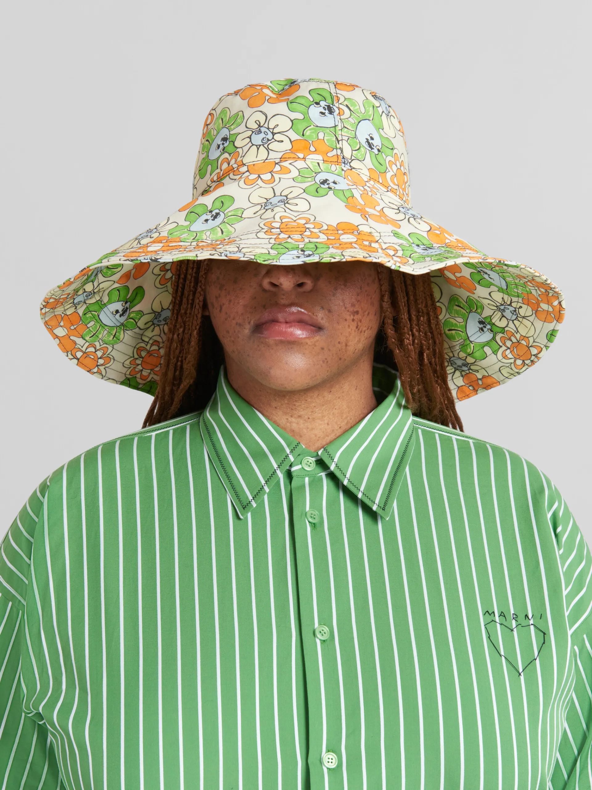 Hats>Marni Orange And Green Printed Organic Gabardine Hat BONE