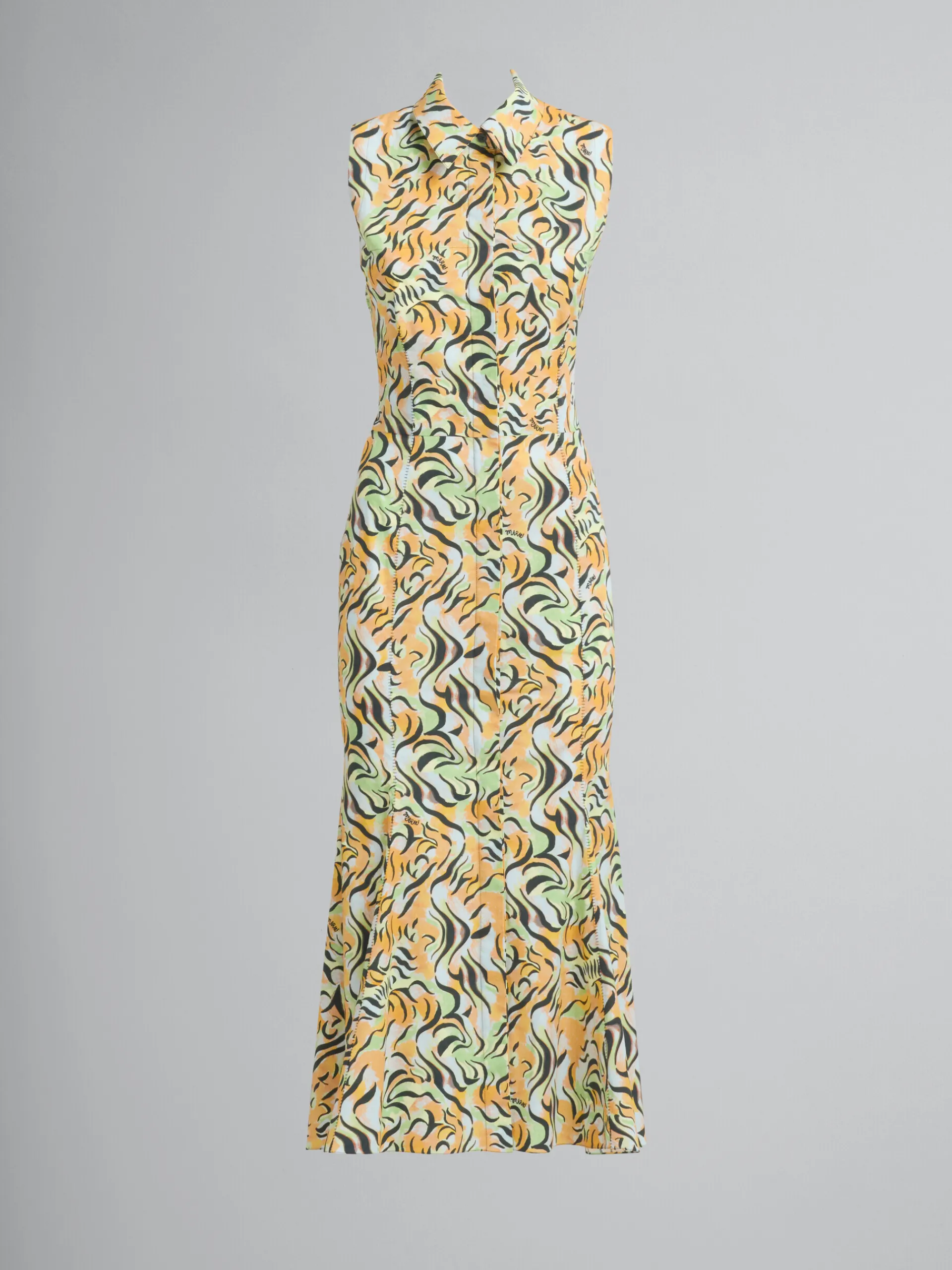 Dresses>Marni Orange And Green Printed Organic Poplin Mermaid Dress LIGHTORANGE