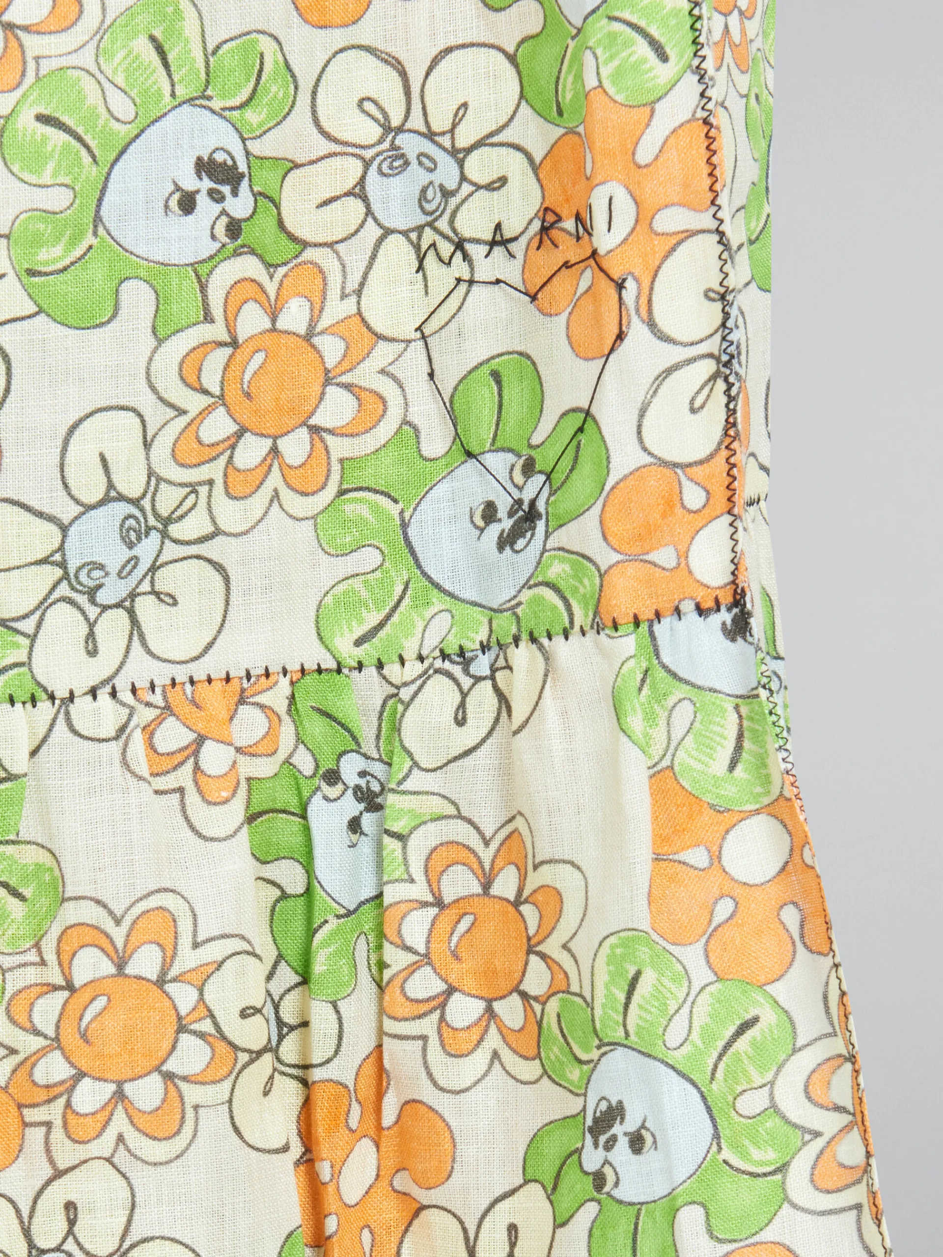 Matching Sets | Skirts>Marni Orange And Green Printed Linen Skirt With Flounce BONE