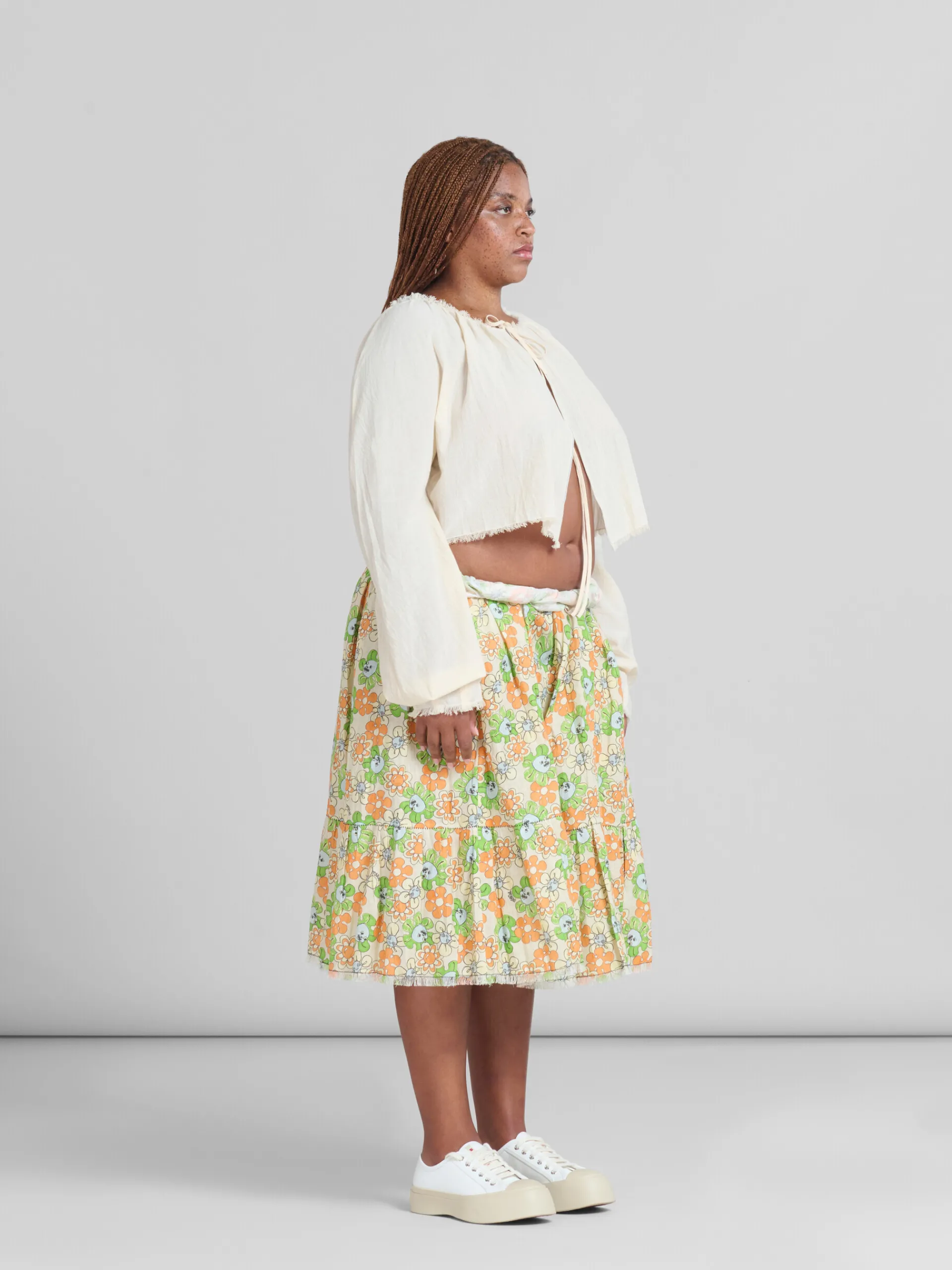 Matching Sets | Skirts>Marni Orange And Green Printed Linen Skirt With Flounce BONE