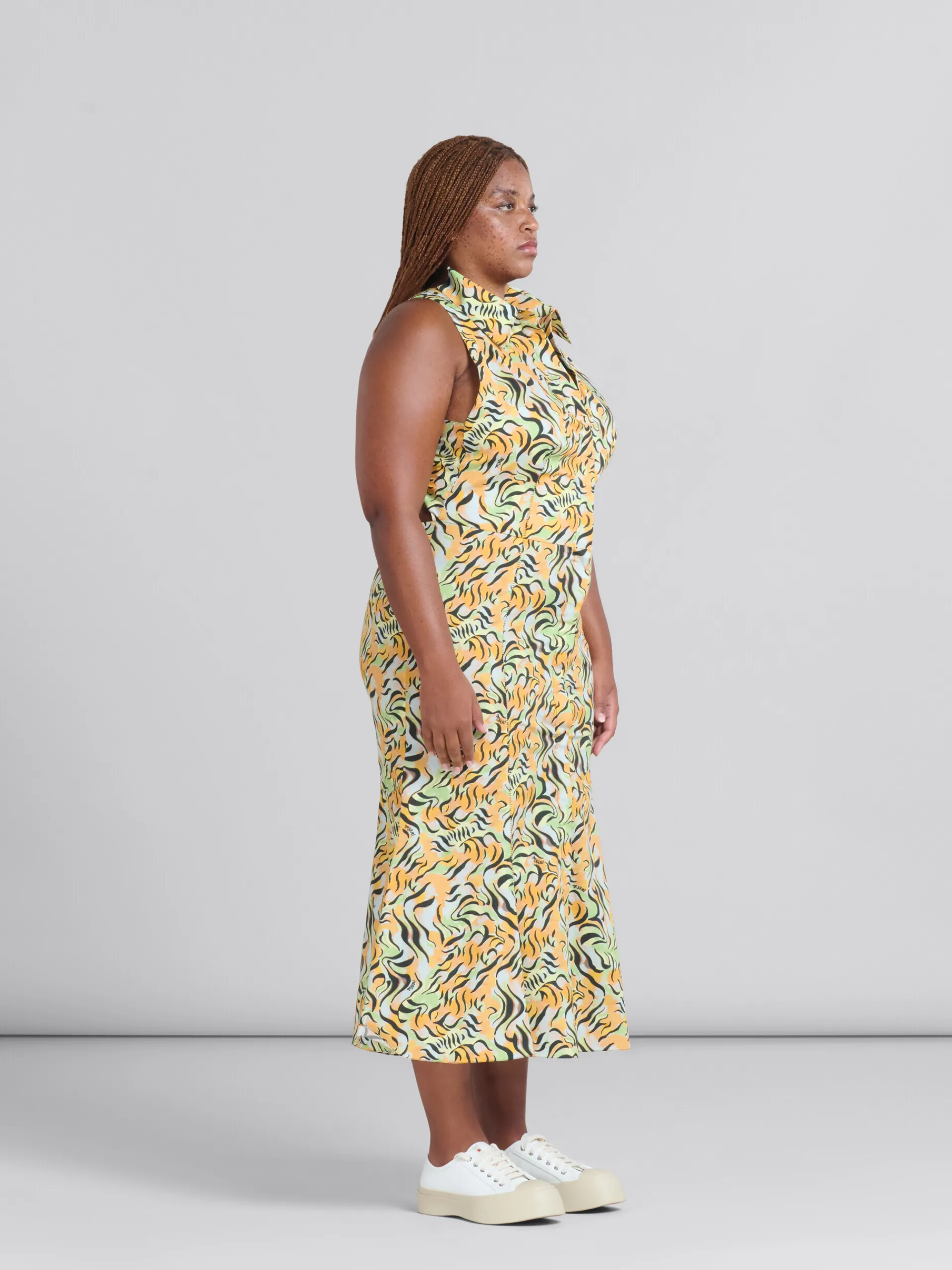 Dresses>Marni Orange And Green Printed Organic Poplin Mermaid Dress LIGHTORANGE