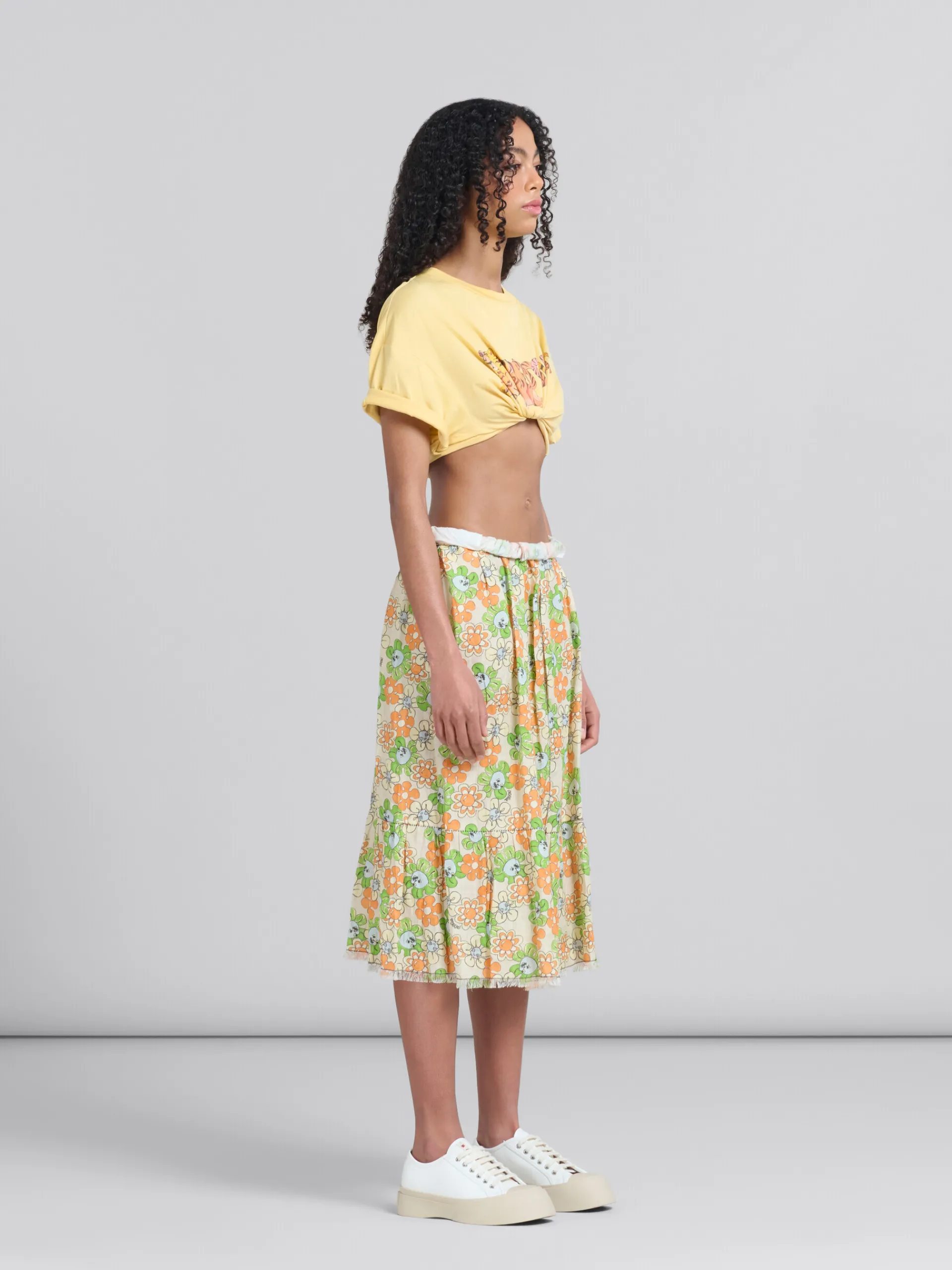 Matching Sets | Skirts>Marni Orange And Green Printed Linen Skirt With Flounce BONE