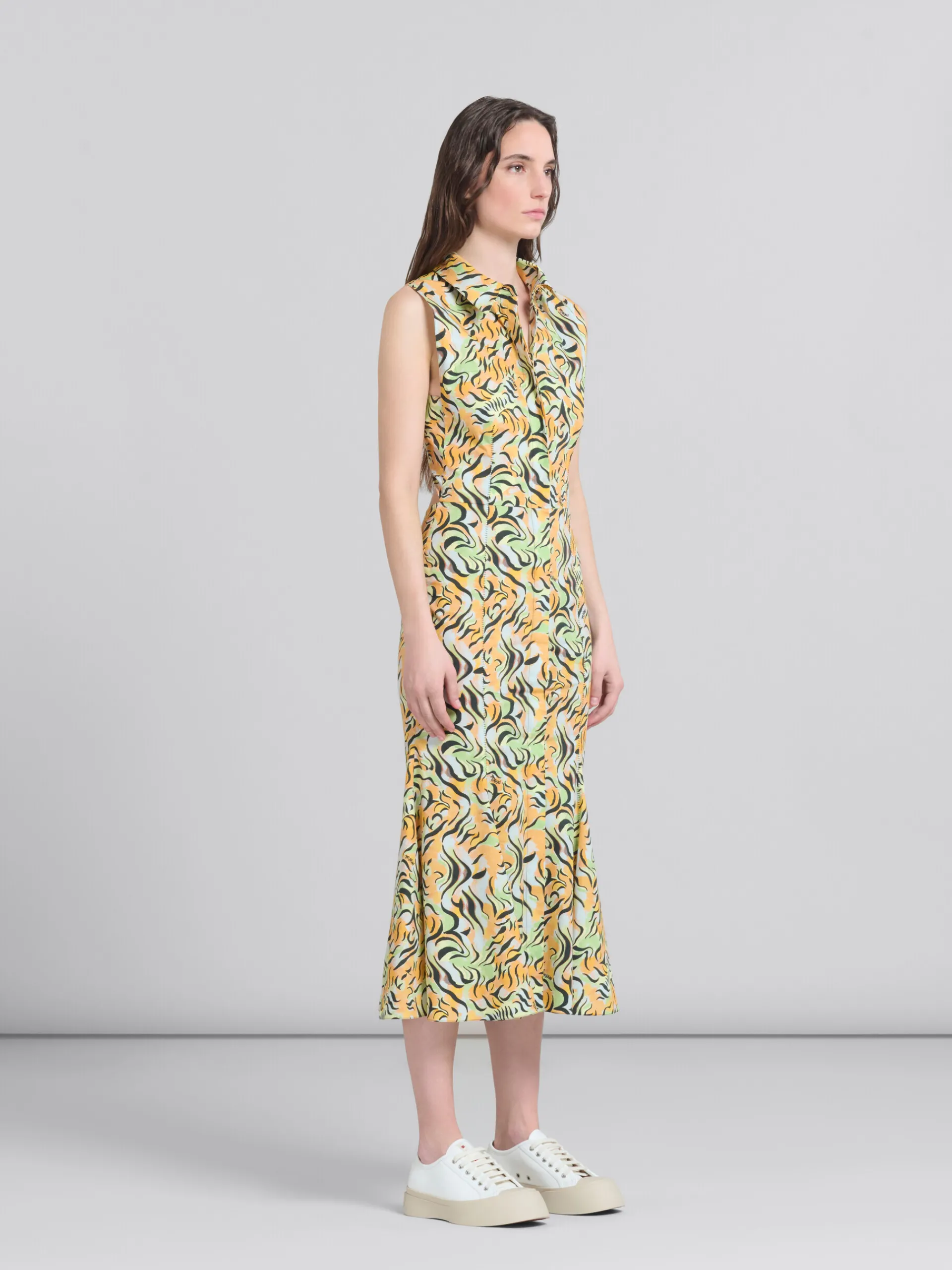 Dresses>Marni Orange And Green Printed Organic Poplin Mermaid Dress LIGHTORANGE