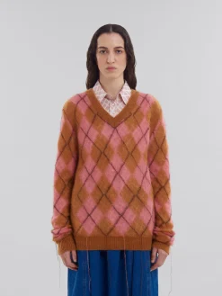 Knitwear>Marni Orange Mohair Argyle Jumper With Floating Threads CAMELLIA