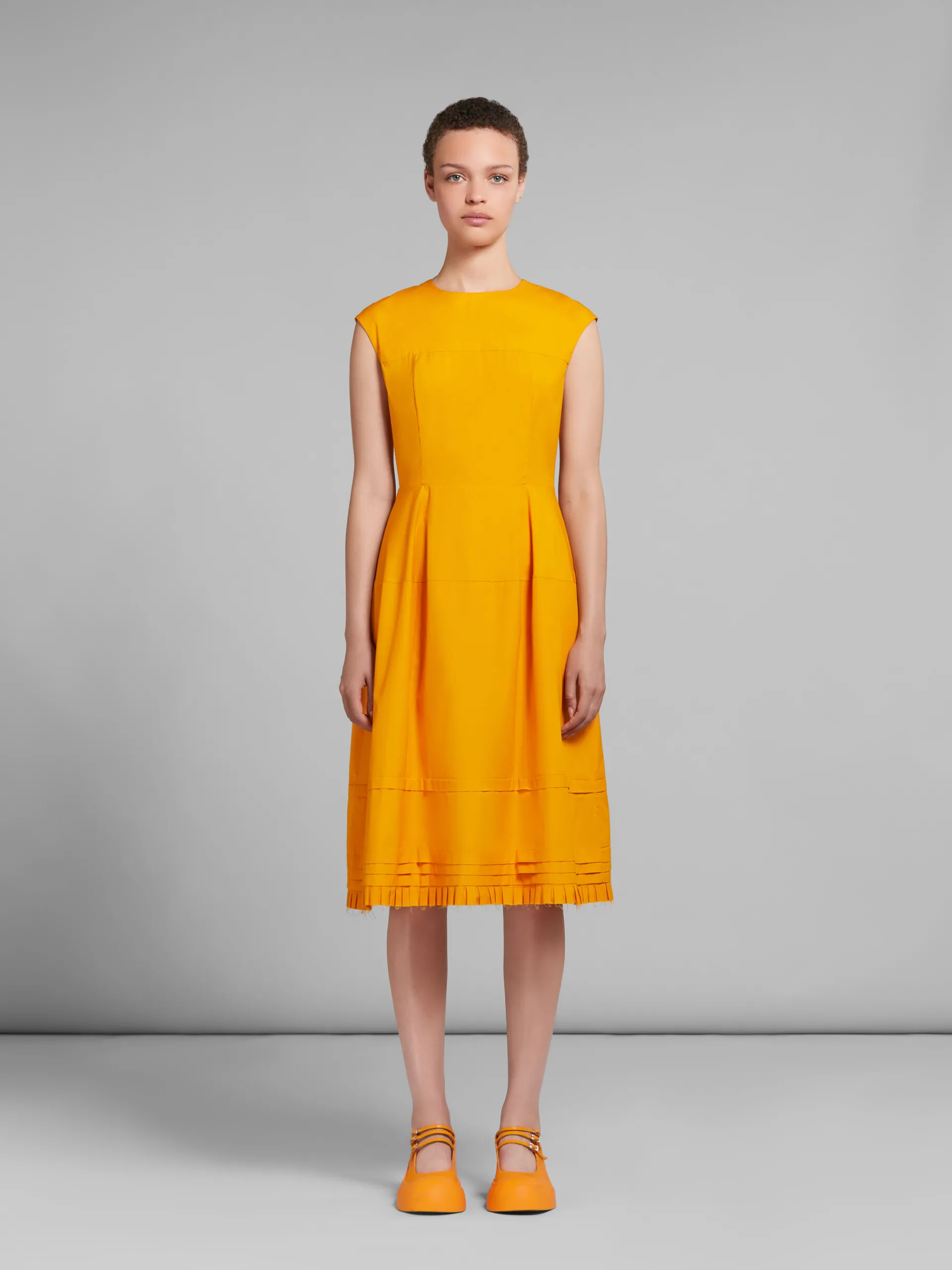 Dresses>Marni Orange Organic Poplin Midi Dress With Mini Pleats LIGHTORANGE