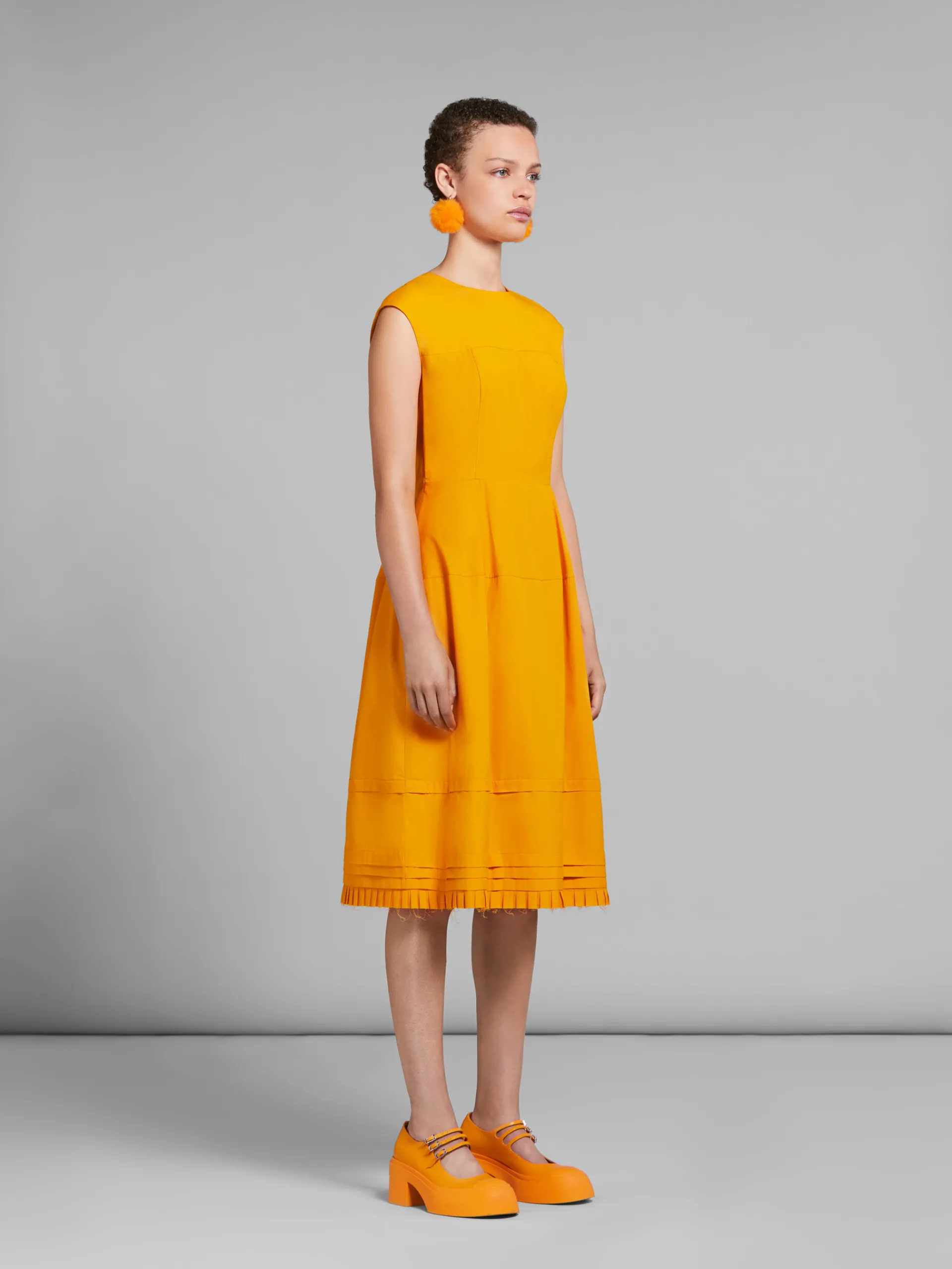 Dresses>Marni Orange Organic Poplin Midi Dress With Mini Pleats LIGHTORANGE