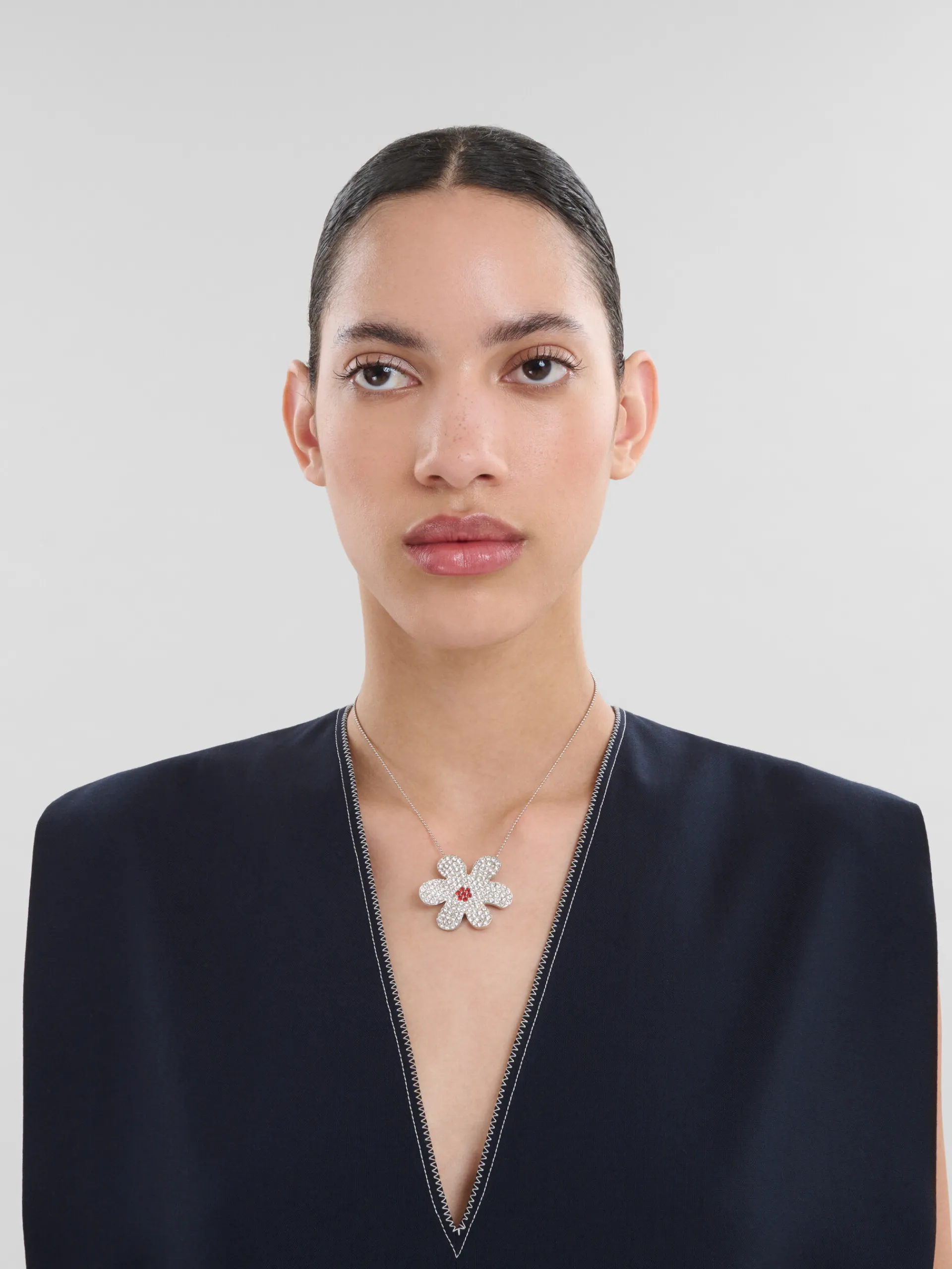Necklaces>Marni Palladium Ball Chain Necklace With Daisy Pendant GLASS