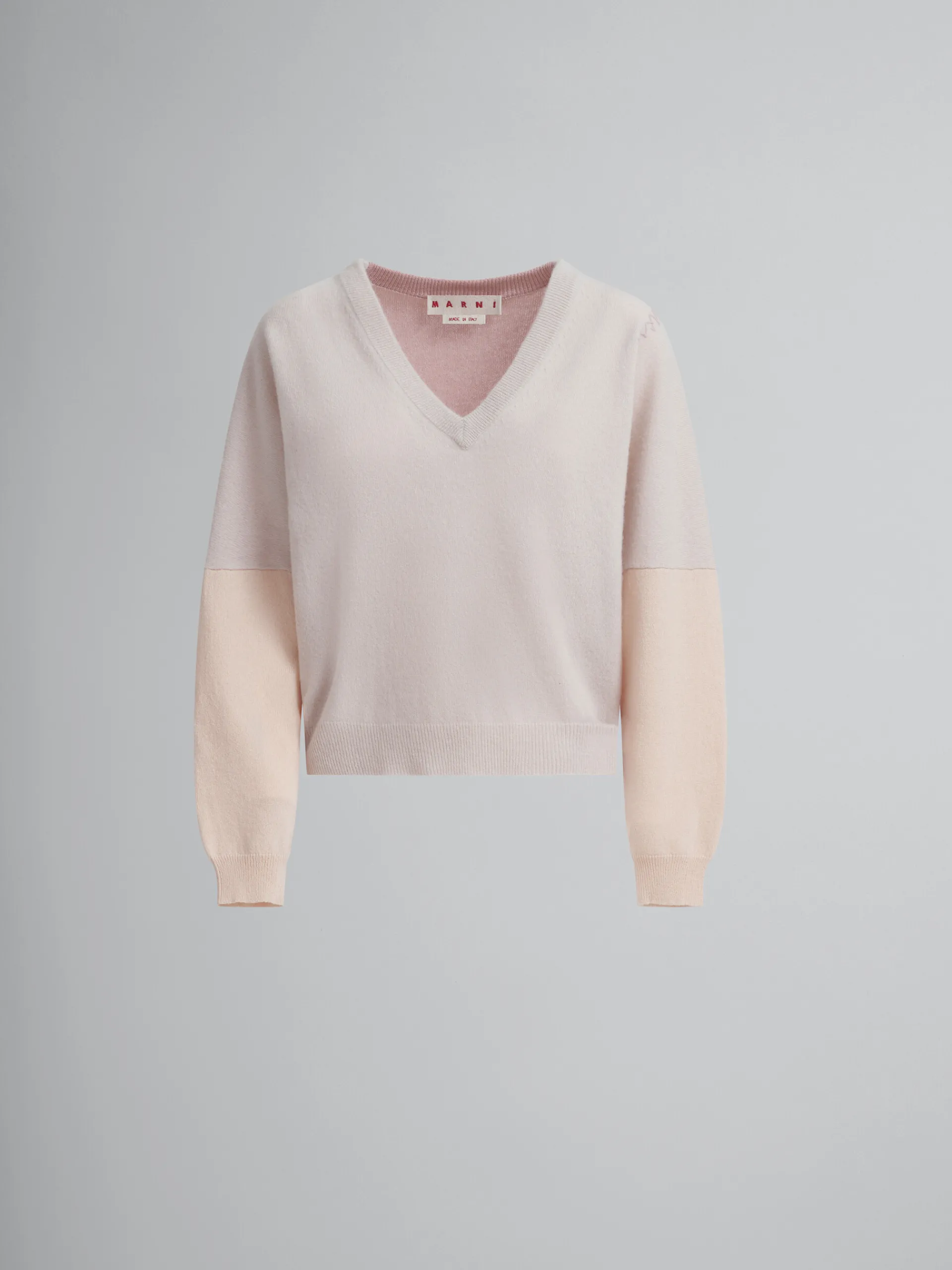 Knitwear>Marni Peach Pink Wool And Cashmere Color Block V-neck Sweater PALEPEACH