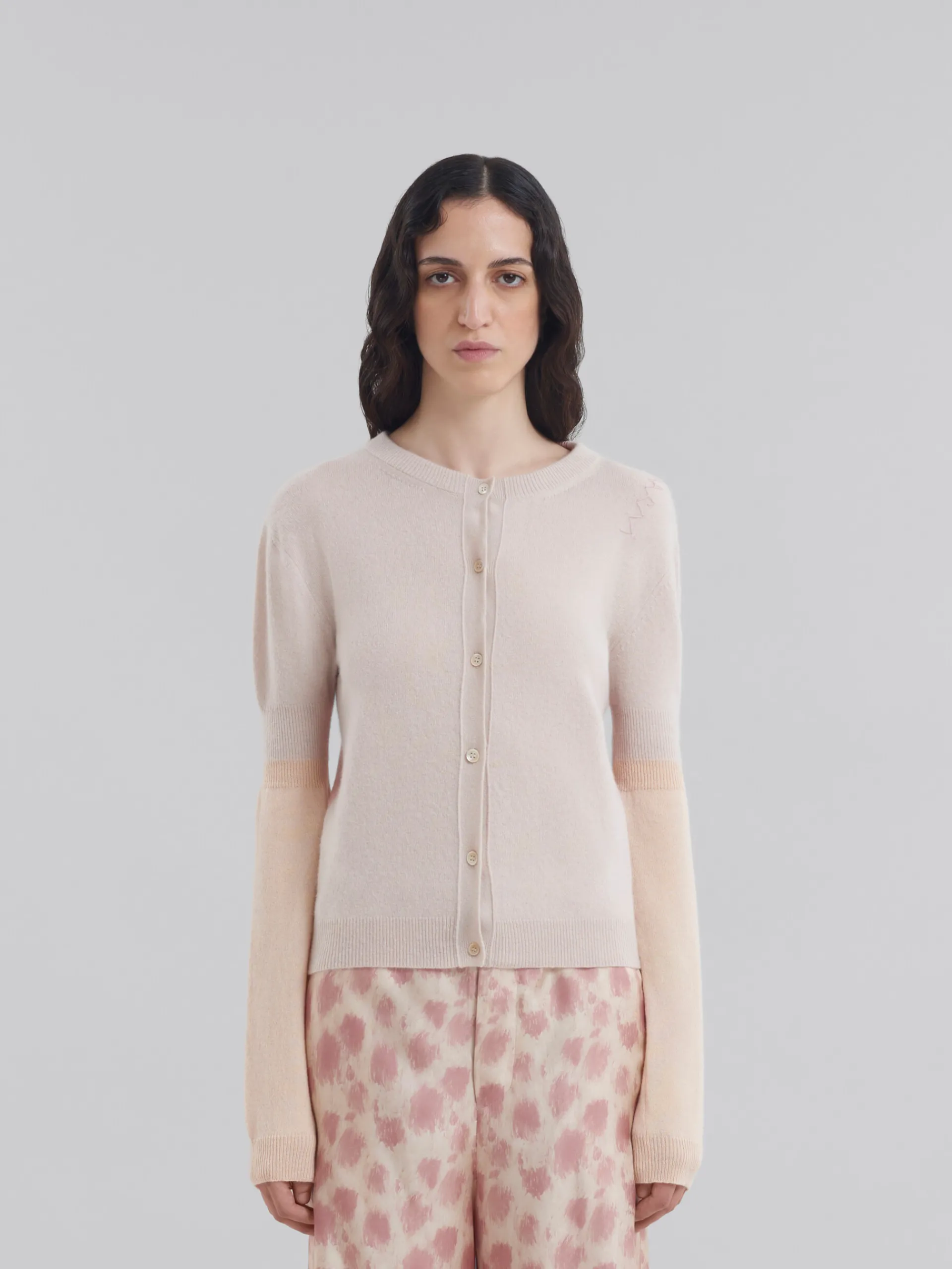 Knitwear>Marni Peach Pink Wool And Cashmere Color Block Cardigan PALEPEACH