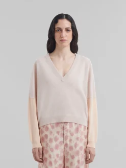 Knitwear>Marni Peach Pink Wool And Cashmere Color Block V-neck Sweater PALEPEACH