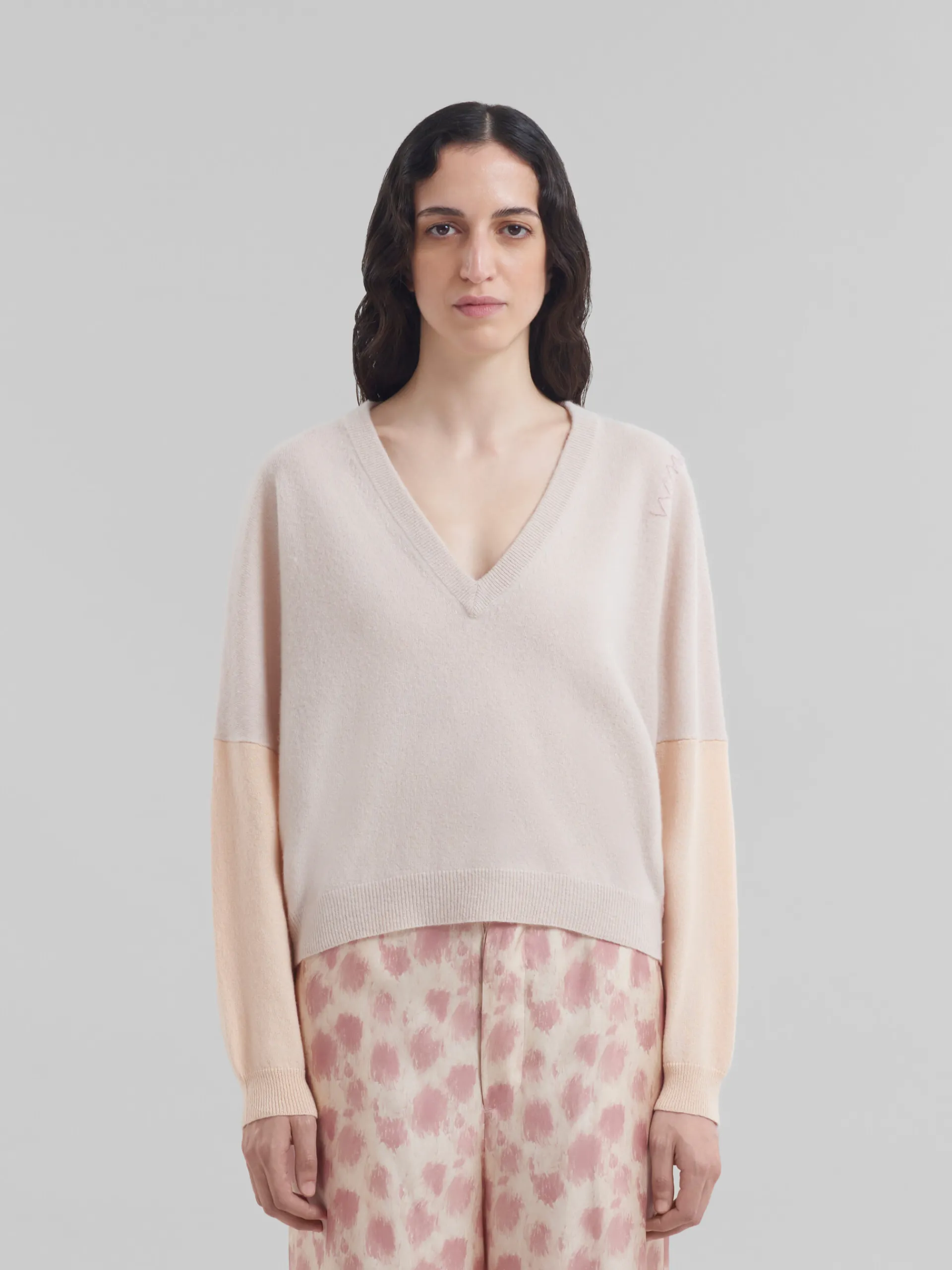 Knitwear>Marni Peach Pink Wool And Cashmere Color Block V-neck Sweater PALEPEACH