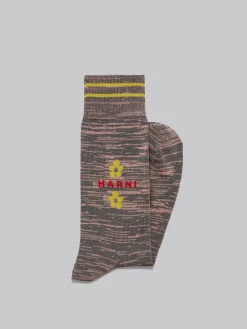 Socks>Marni Pink And Brown Mouliné Cotton Socks With Flowers PEACHAMBER