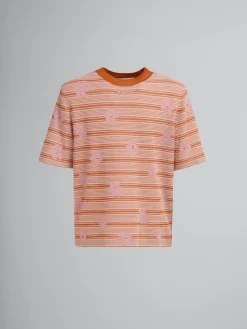 Knitwear>Marni Pink Cotton-viscose Striped Knit T-shirt With Floral Motif PINKGUMMY