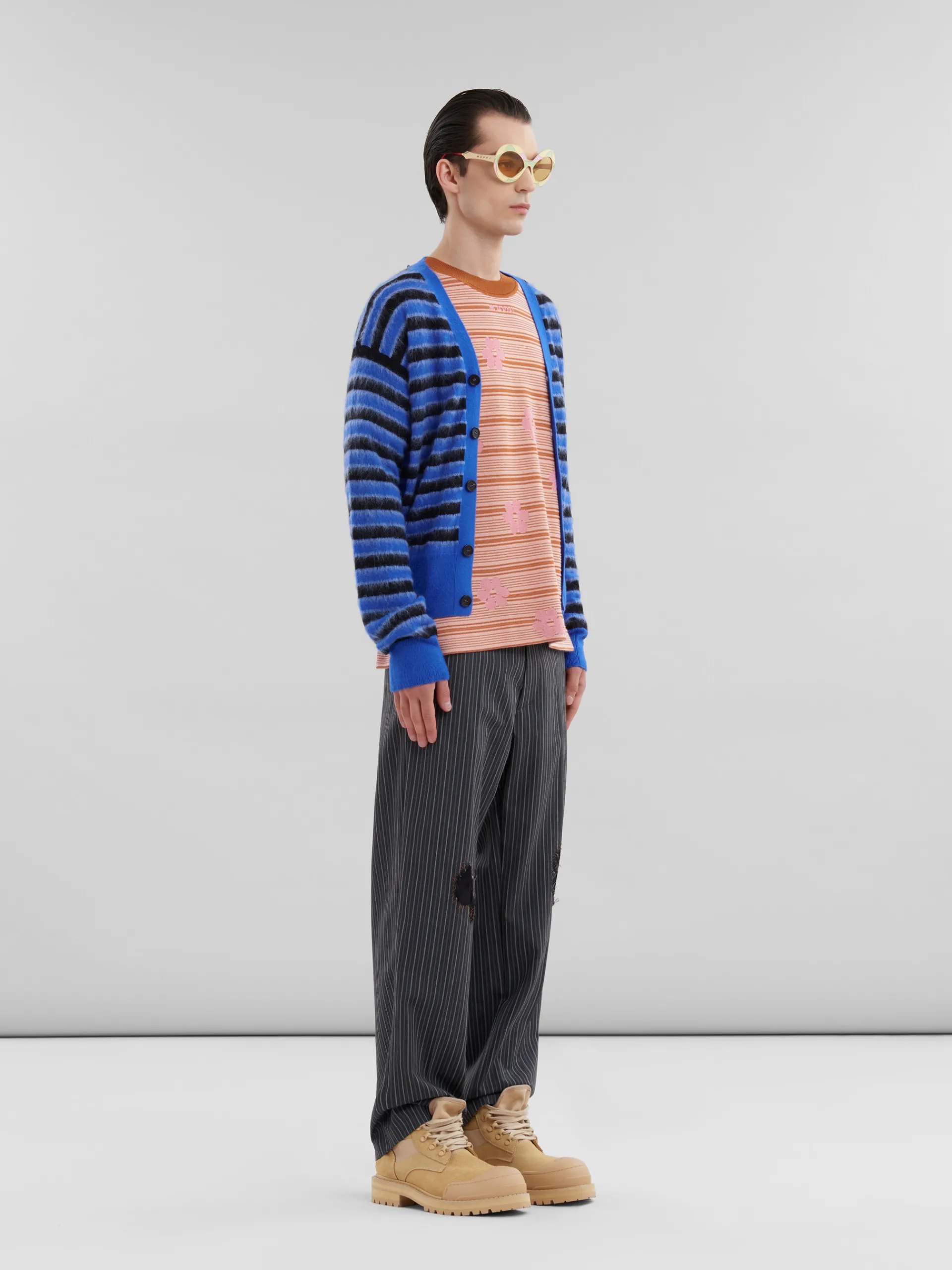 Knitwear>Marni Pink Cotton-viscose Striped Knit T-shirt With Floral Motif PINKGUMMY