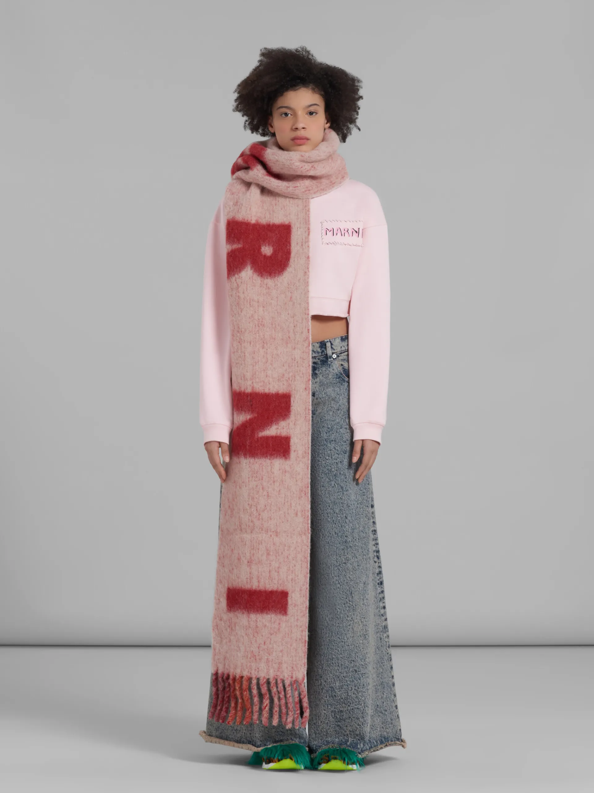 Scarves>Marni Pink Mohair And Wool Scarf With Maxi Logo ROSE