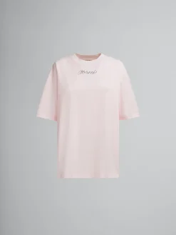 Tops & T-Shirts>Marni Pink Organic Cotton Boxy T-shirt With Repeated Logo LIGHTPINK