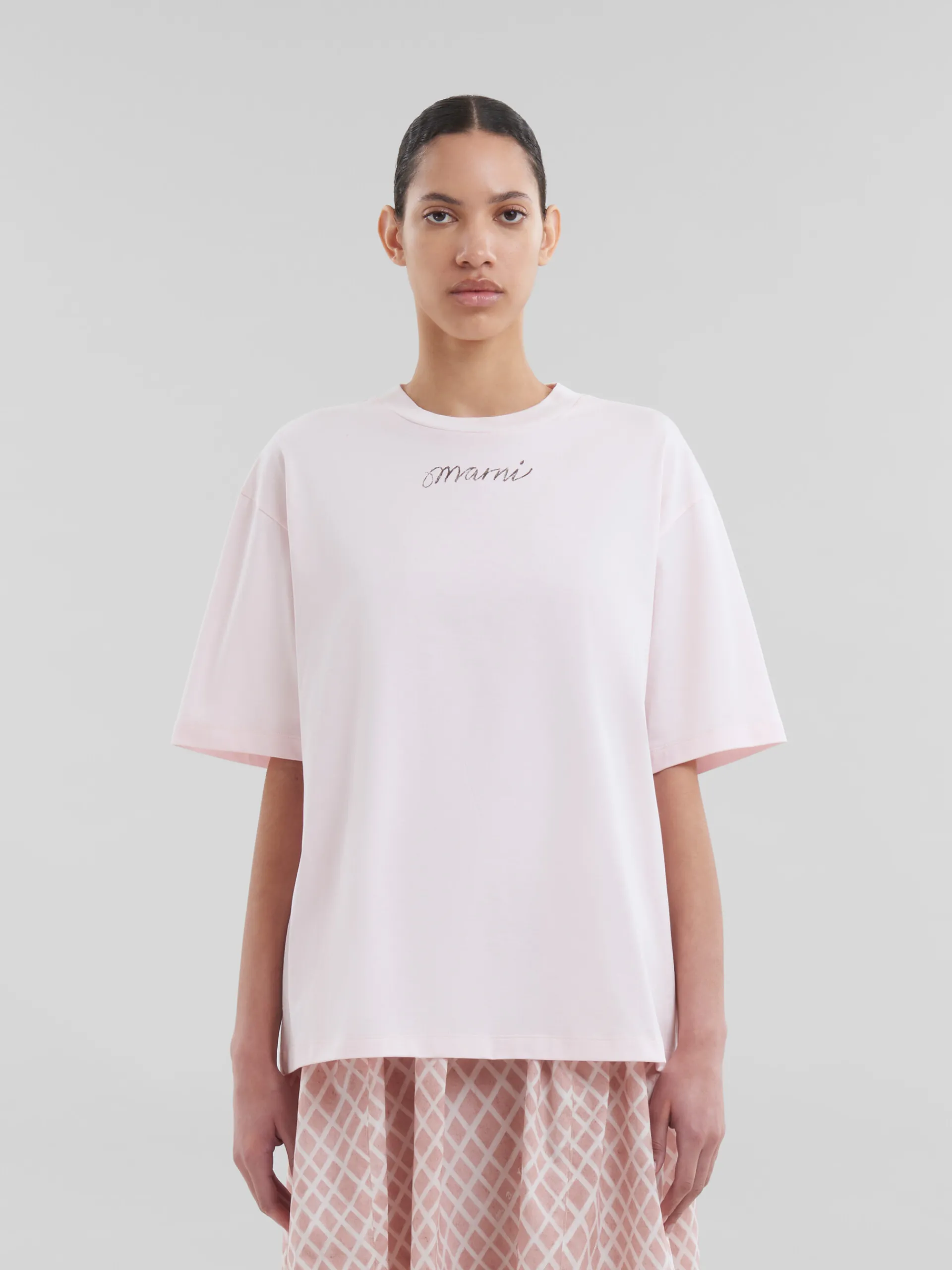 Tops & T-Shirts>Marni Pink Organic Cotton Boxy T-shirt With Repeated Logo LIGHTPINK