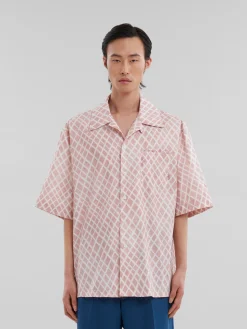 Tops & T-Shirts>Marni Pink Poplin Bowling Shirt With Landscapes Print ANTIQUEROSE