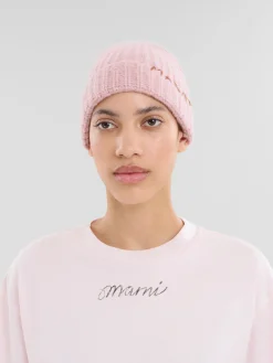 Hats>Marni Pink Shetland Wool Beanie With Mending PEONY