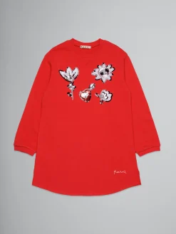 Kids>Marni Red Fleece Dress With Sequined Flowers BRIGHT RED