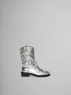 Kids>Marni Silver Leather Cowboy Boot With Embroidered Patch Detail SILVER/BLACK