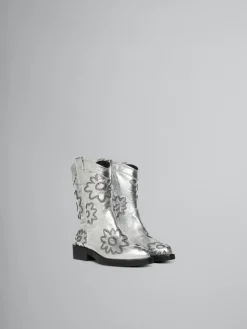 Kids>Marni Silver Leather Cowboy Boot With Embroidered Patch Detail SILVER/BLACK