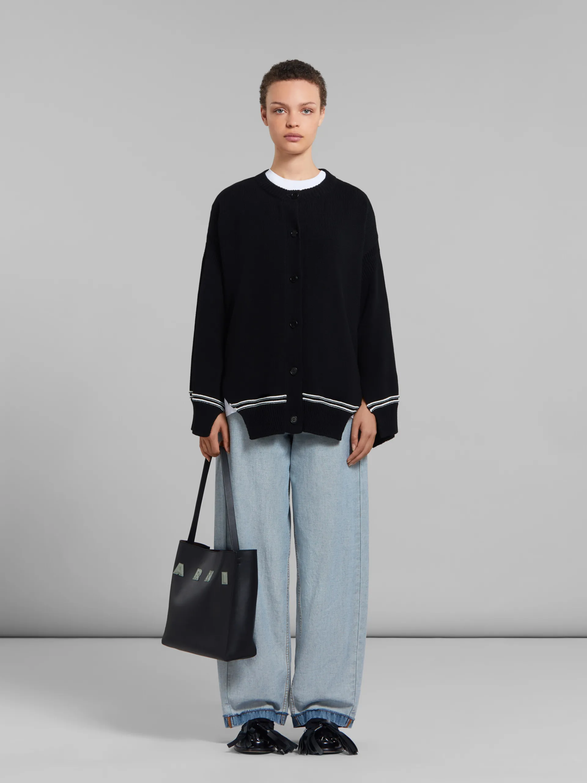 Tote Bags>Marni Small Black Leather Museo Hobo Bag With Patches BLACK/STEPPE