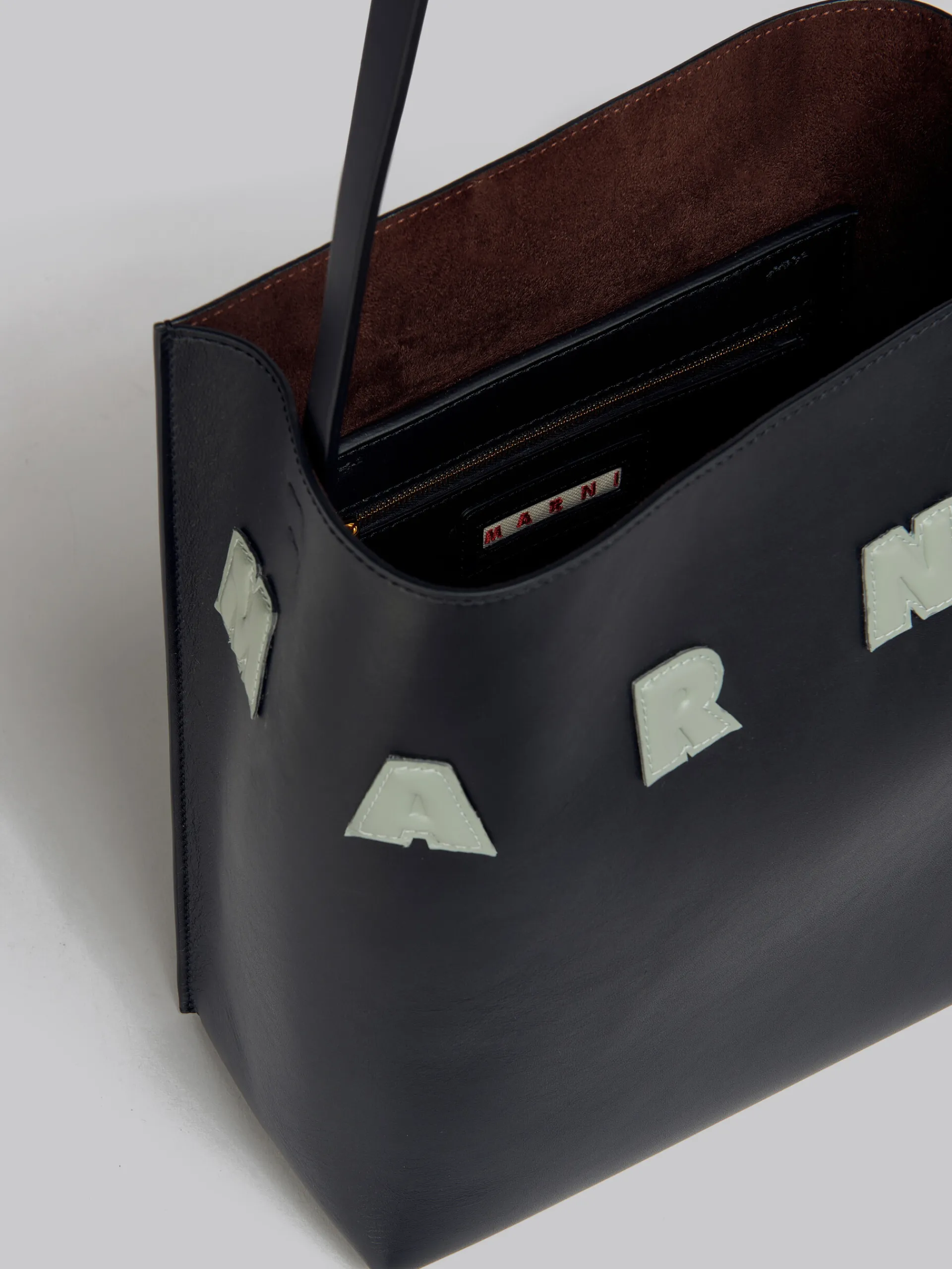 Tote Bags>Marni Small Black Leather Museo Hobo Bag With Patches BLACK/STEPPE